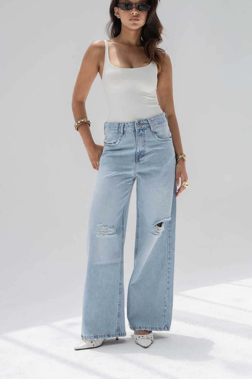 Light Blue High-Rise Ripped Wide-Leg Jeans