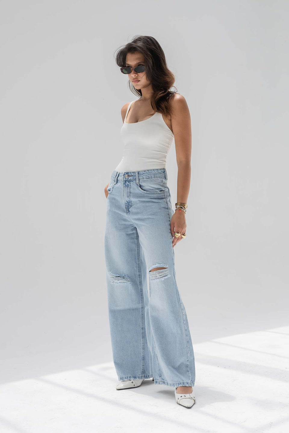 Light Blue High-Rise Ripped Wide-Leg Jeans