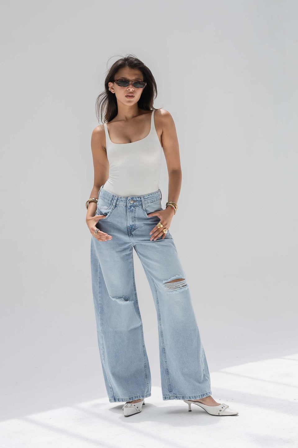 Light Blue High-Rise Ripped Wide-Leg Jeans