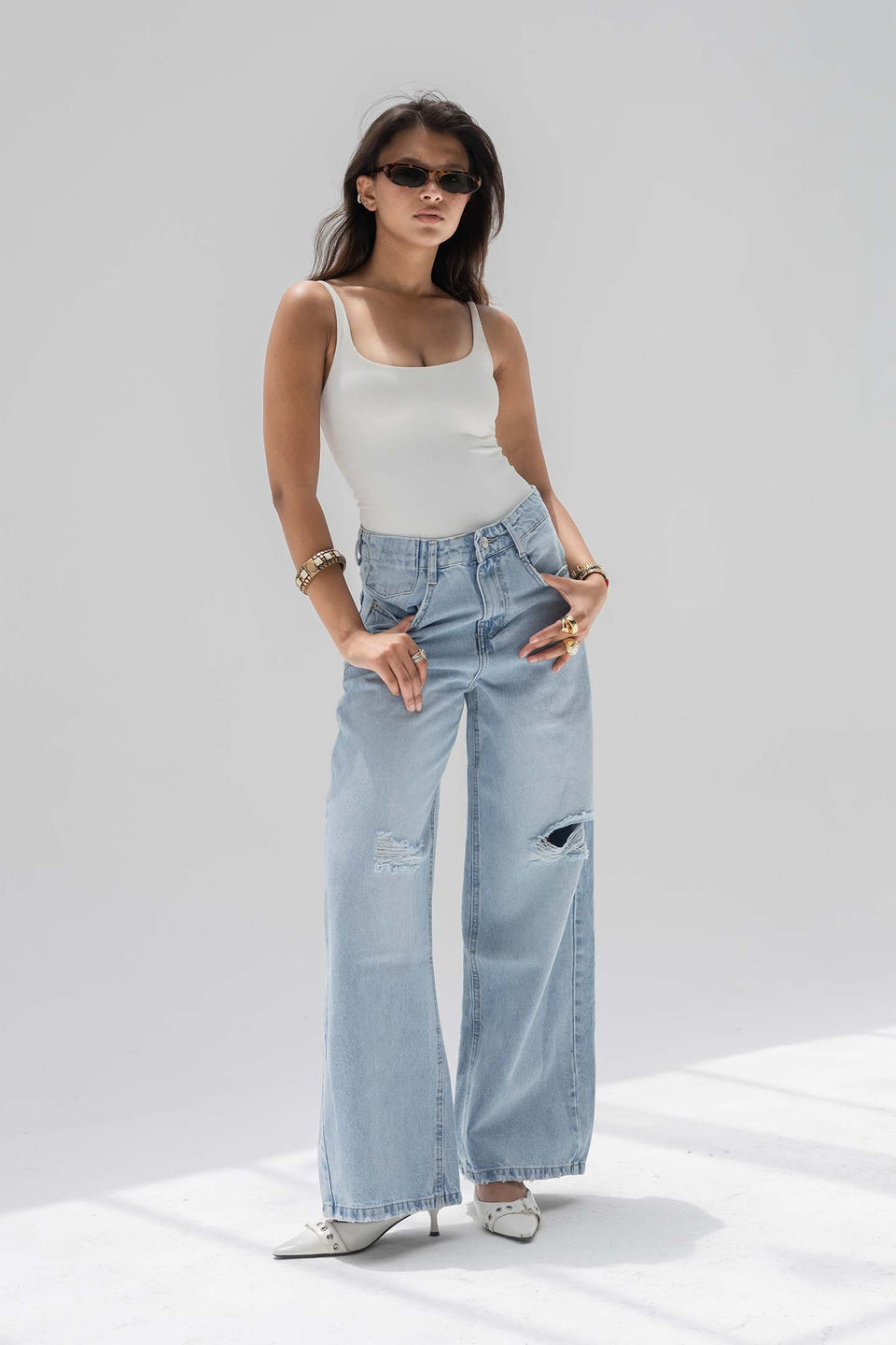 Light Blue High-Rise Ripped Wide-Leg Jeans