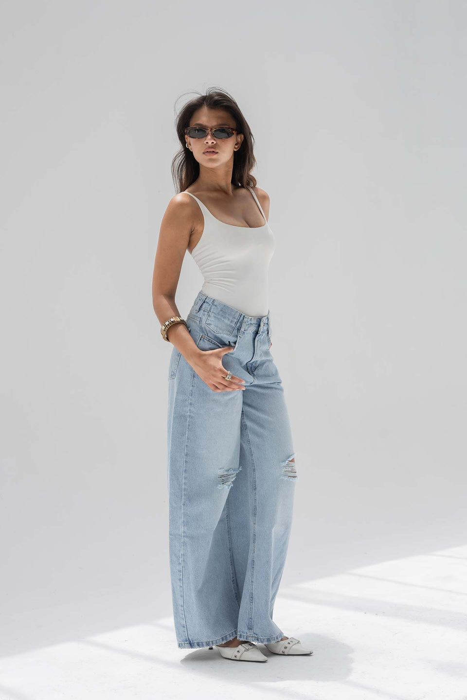 Light Blue High-Rise Ripped Wide-Leg Jeans