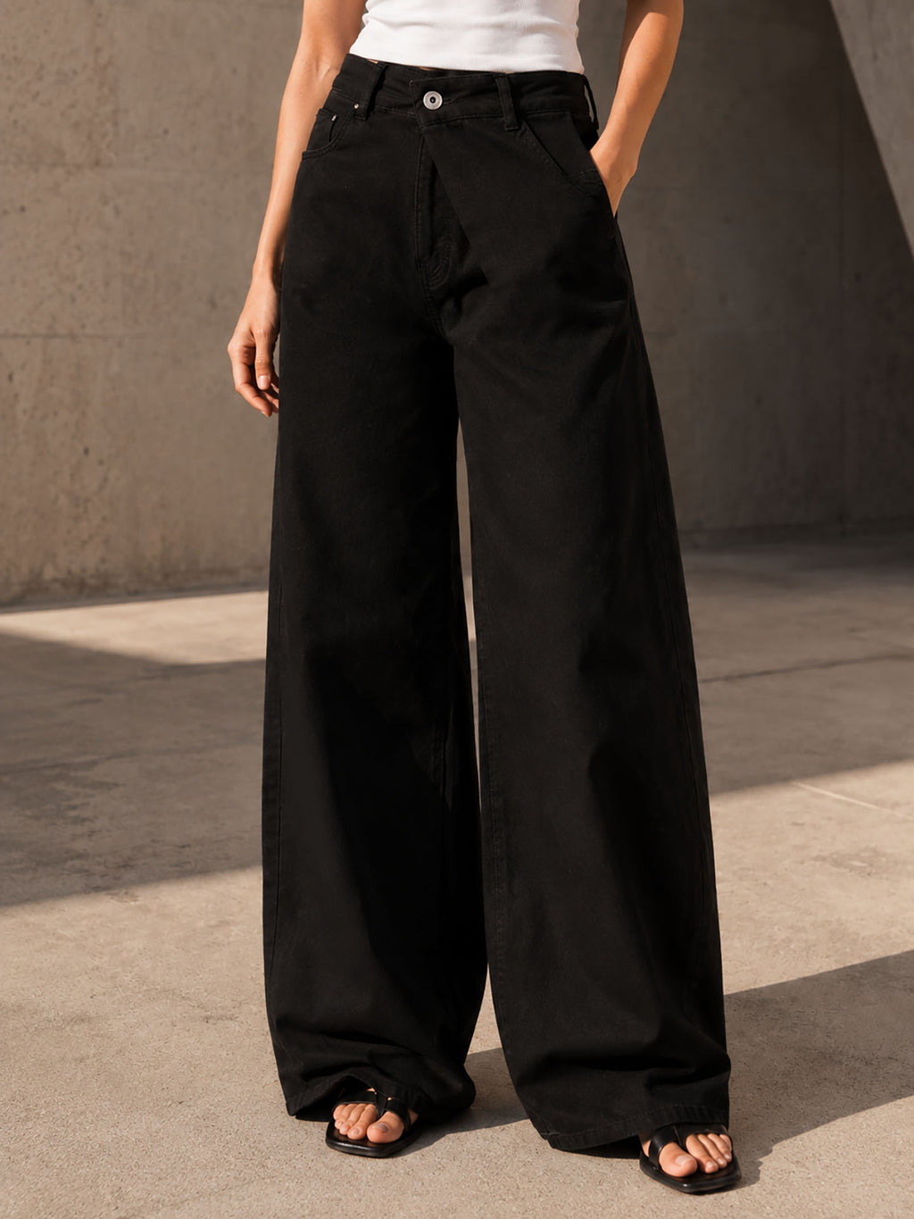 Black Wrap Waist Wide Leg Pants