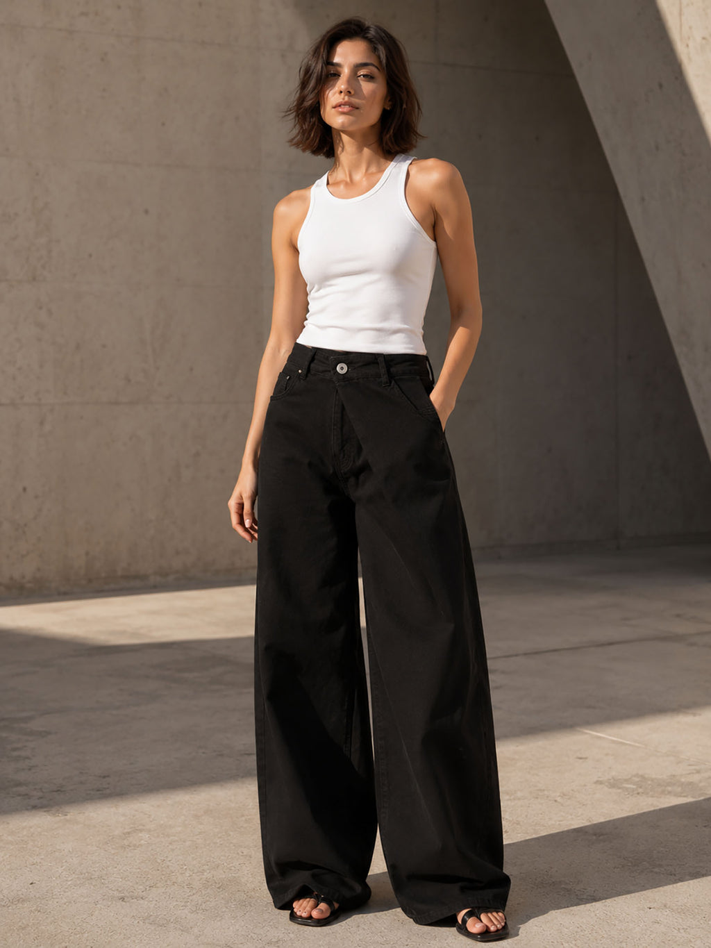 Black Wrap Waist Wide Leg Pants