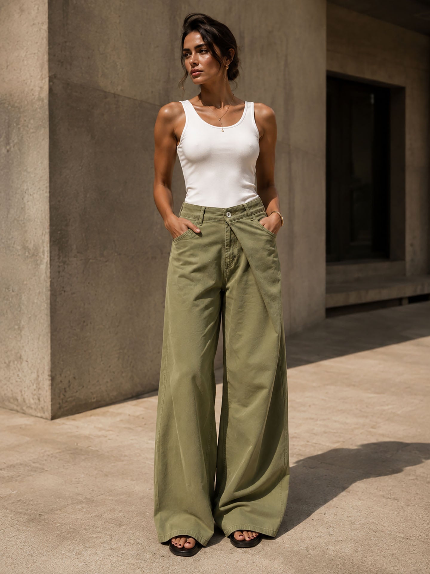 Olive Wrap Waist Wide Leg Pants