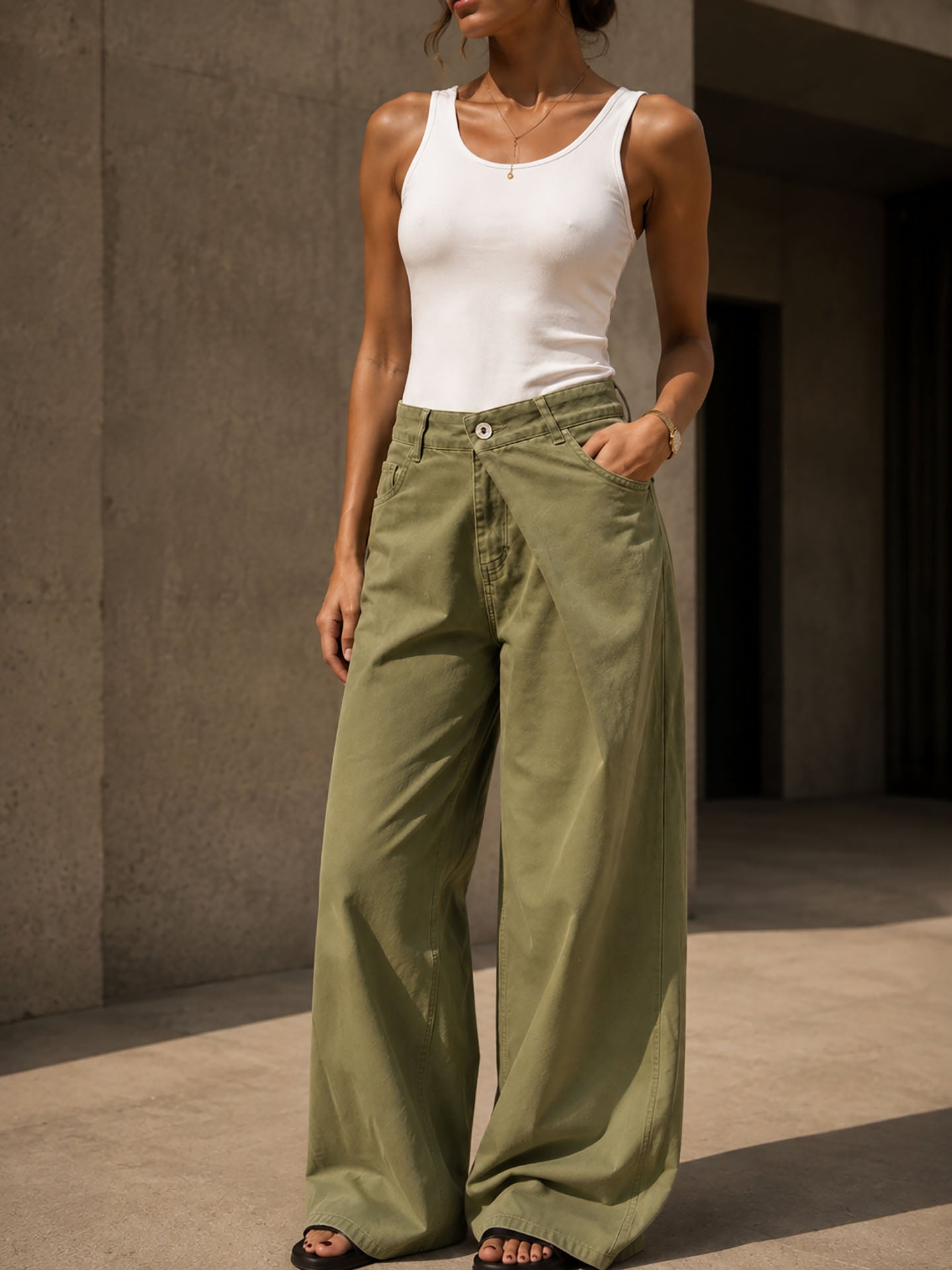 Olive Wrap Waist Wide Leg Pants