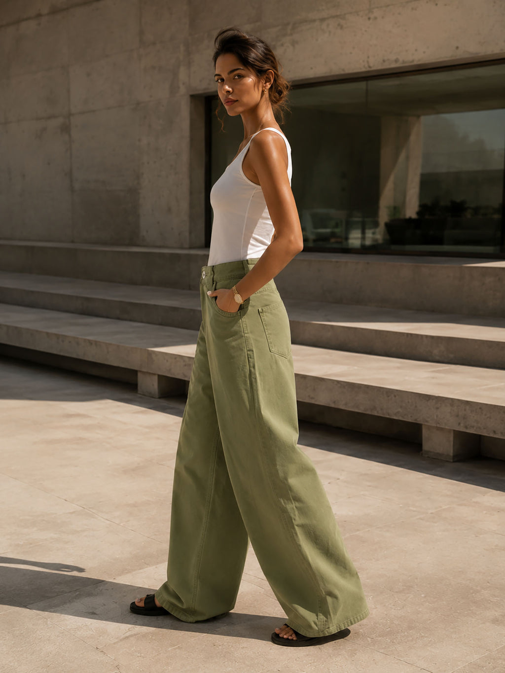Olive Wrap Waist Wide Leg Pants