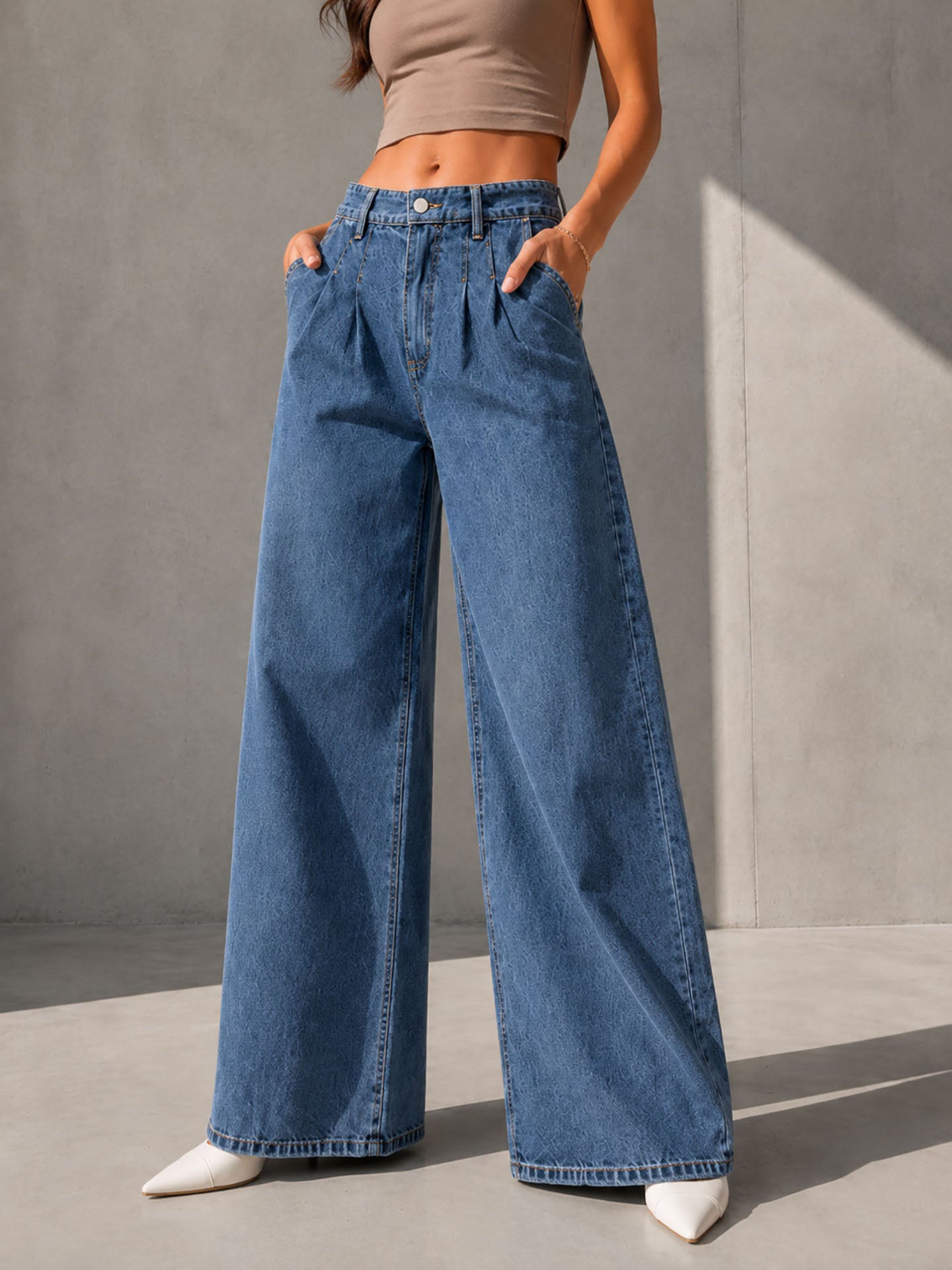 Blue High Rise Pleated Wide Leg Jeans
