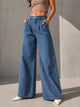 Blue High Rise Pleated Wide Leg Jeans