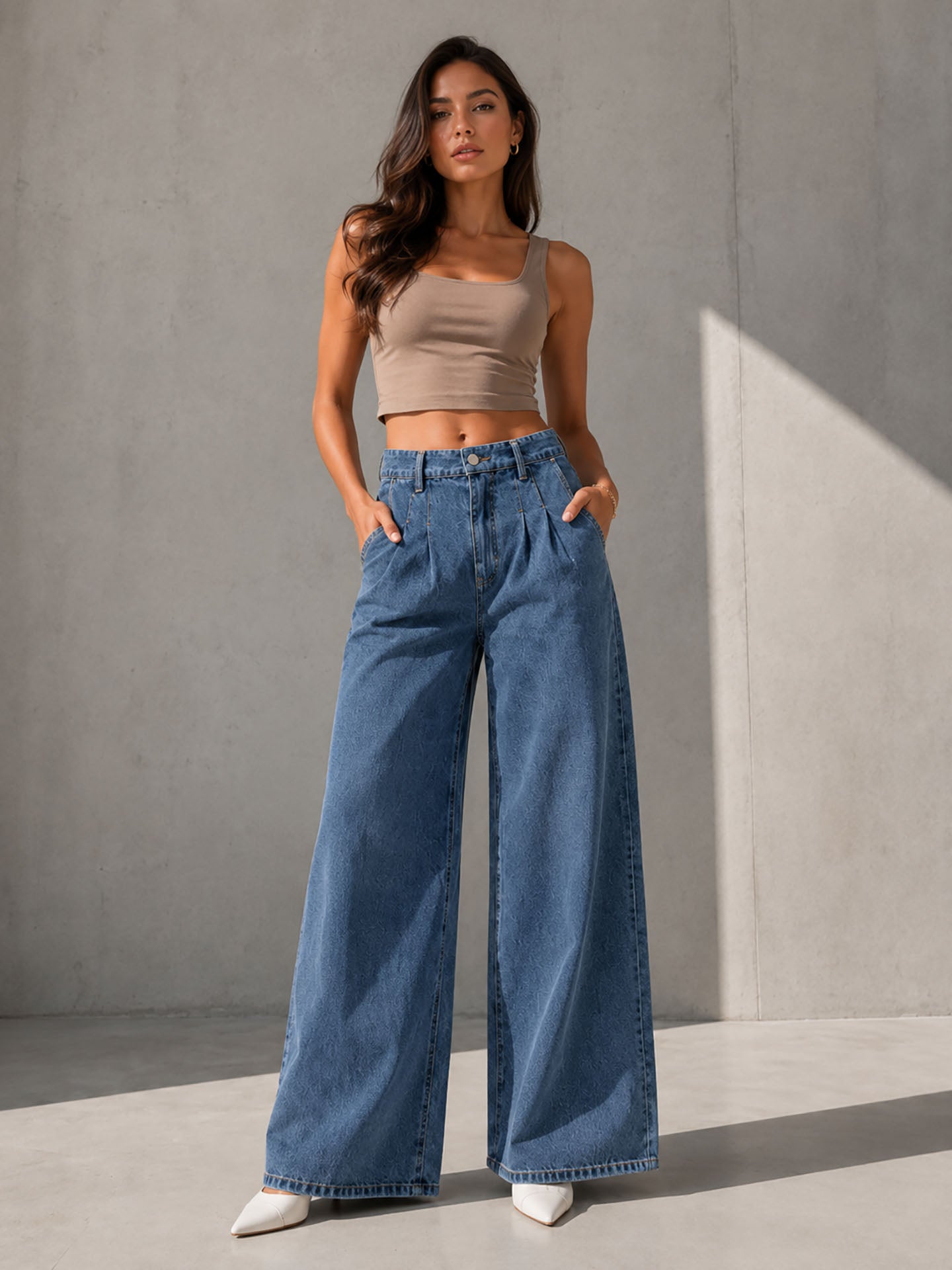 Blue High Rise Pleated Wide Leg Jeans
