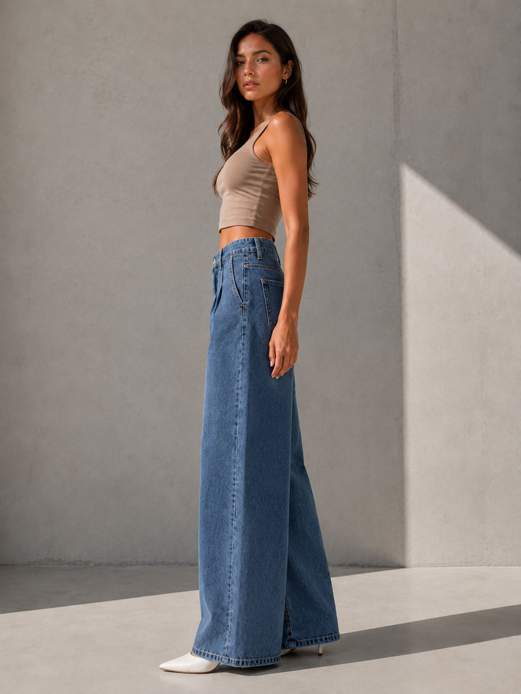 Blue High Rise Pleated Wide Leg Jeans