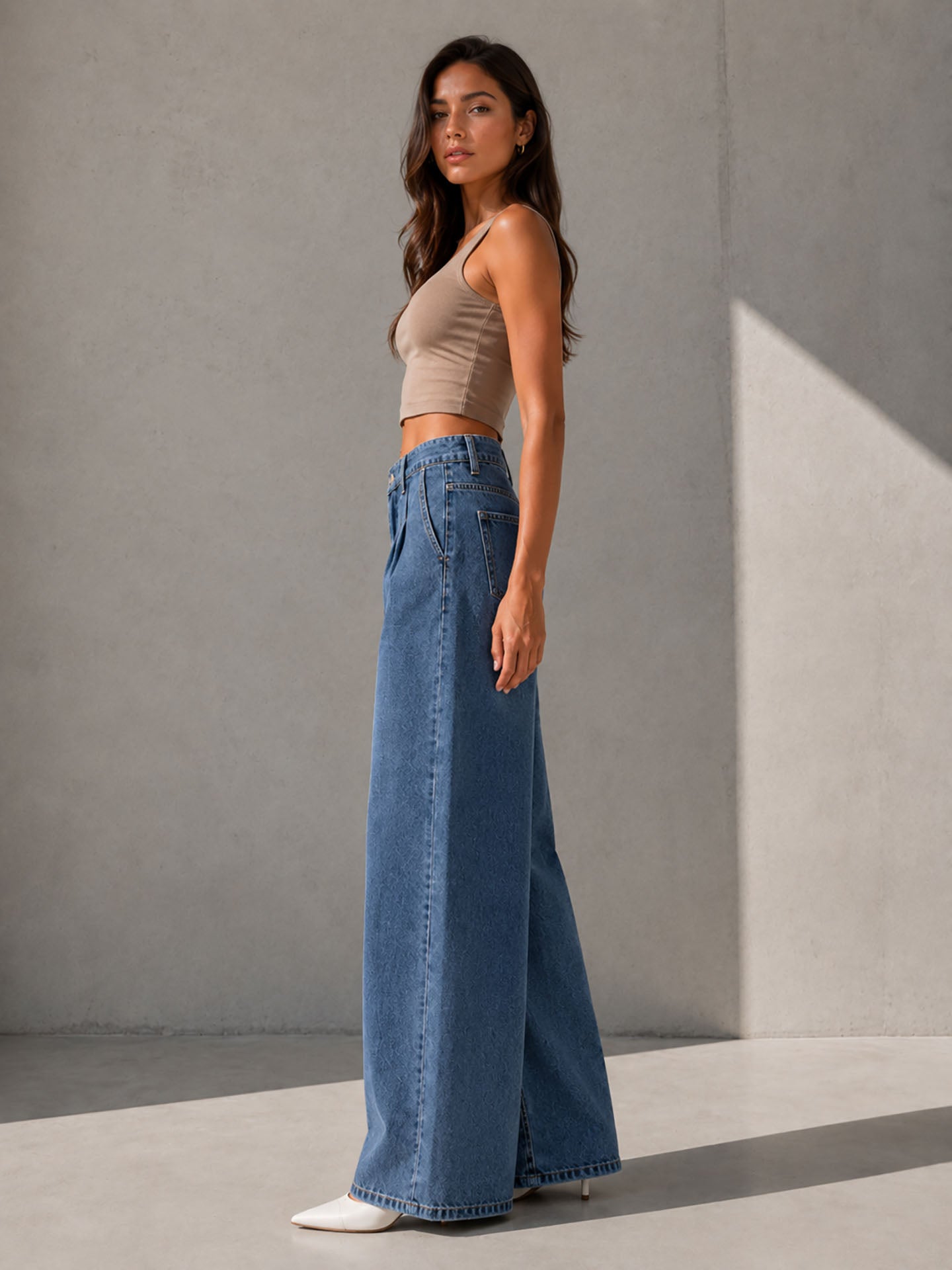Blue High Rise Pleated Wide Leg Jeans