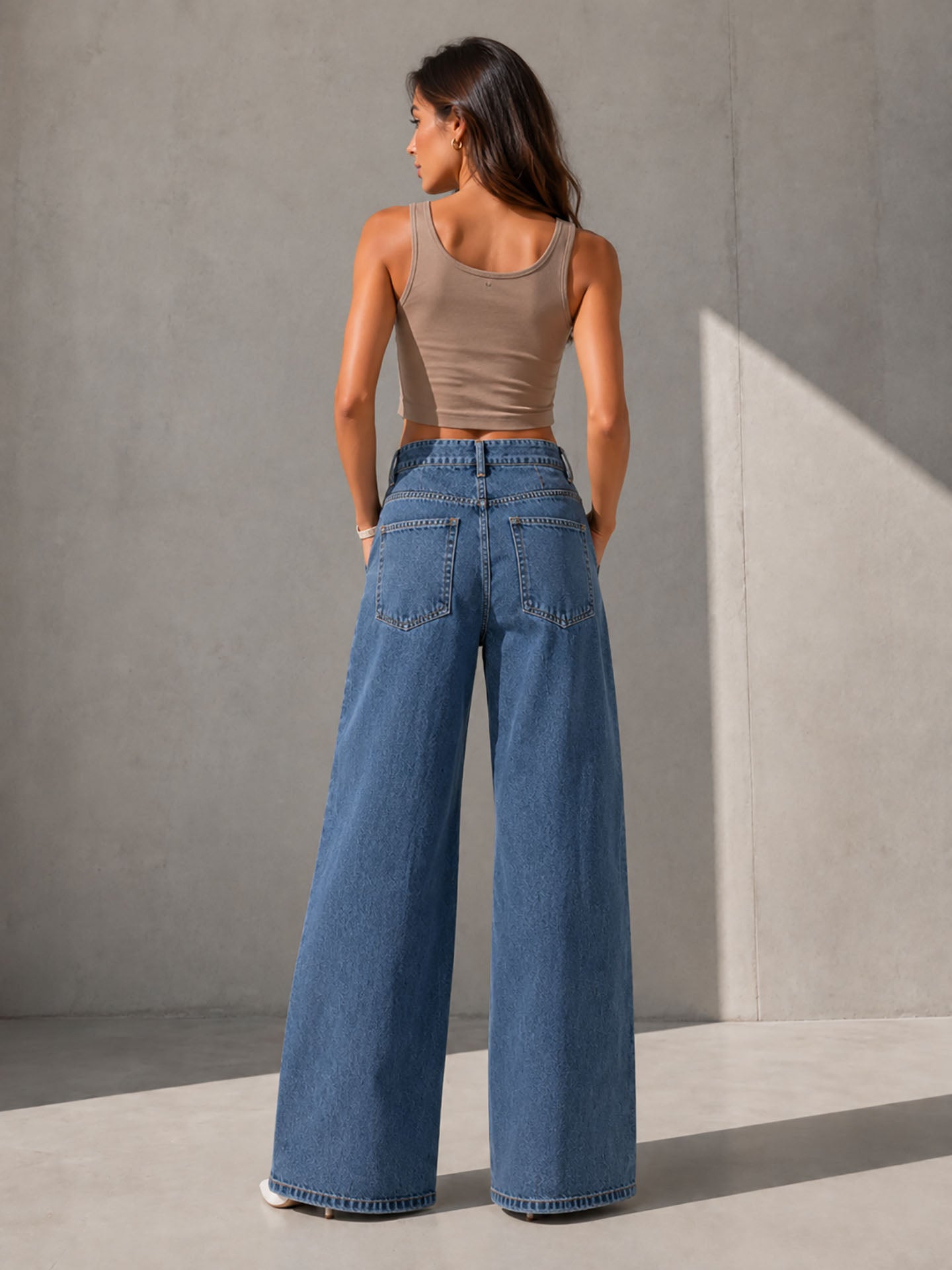 Blue High Rise Pleated Wide Leg Jeans