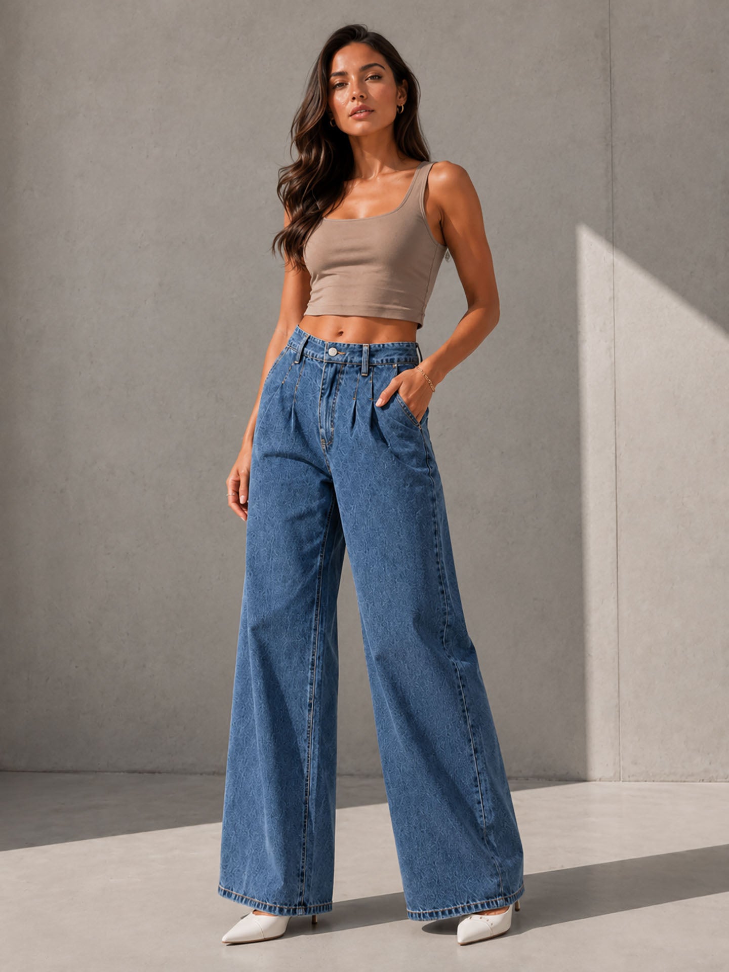 Blue High Rise Pleated Wide Leg Jeans
