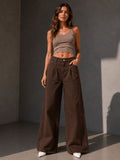Brown Pleated Wide Leg Jeans