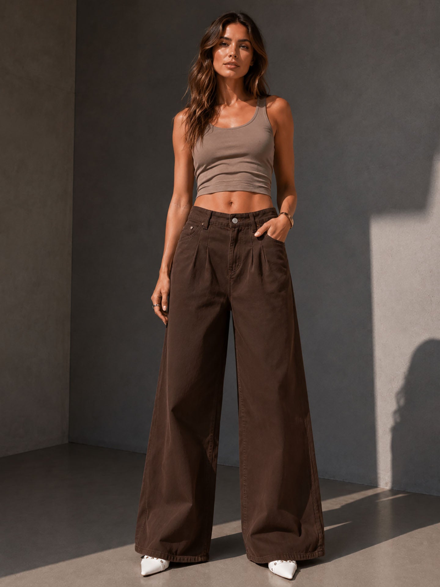 Brown Pleated Wide Leg Jeans