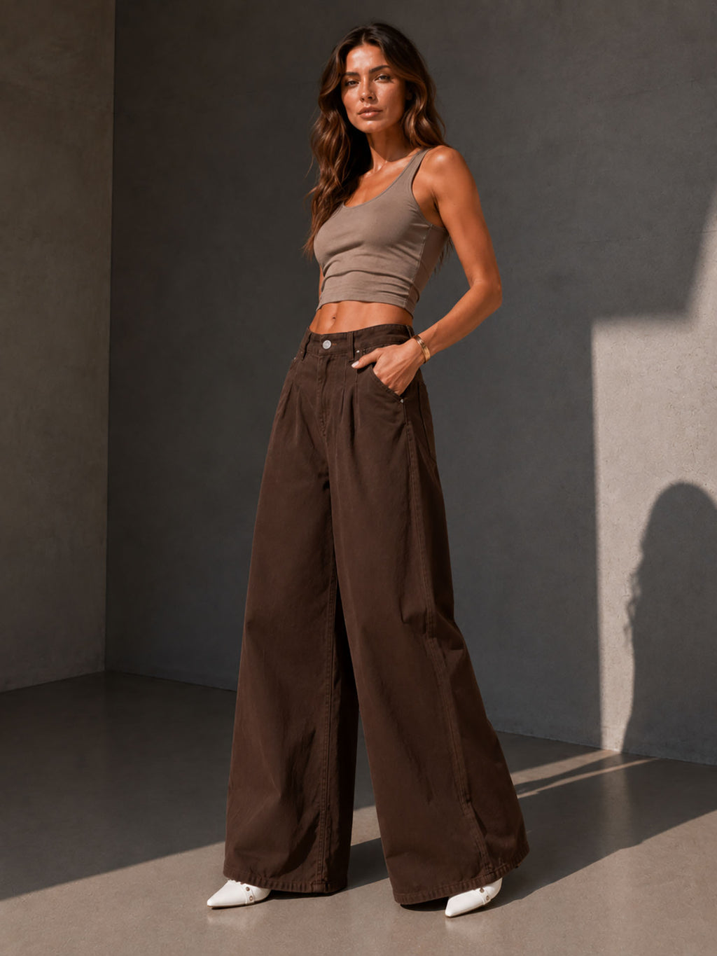 Brown Pleated Wide Leg Jeans