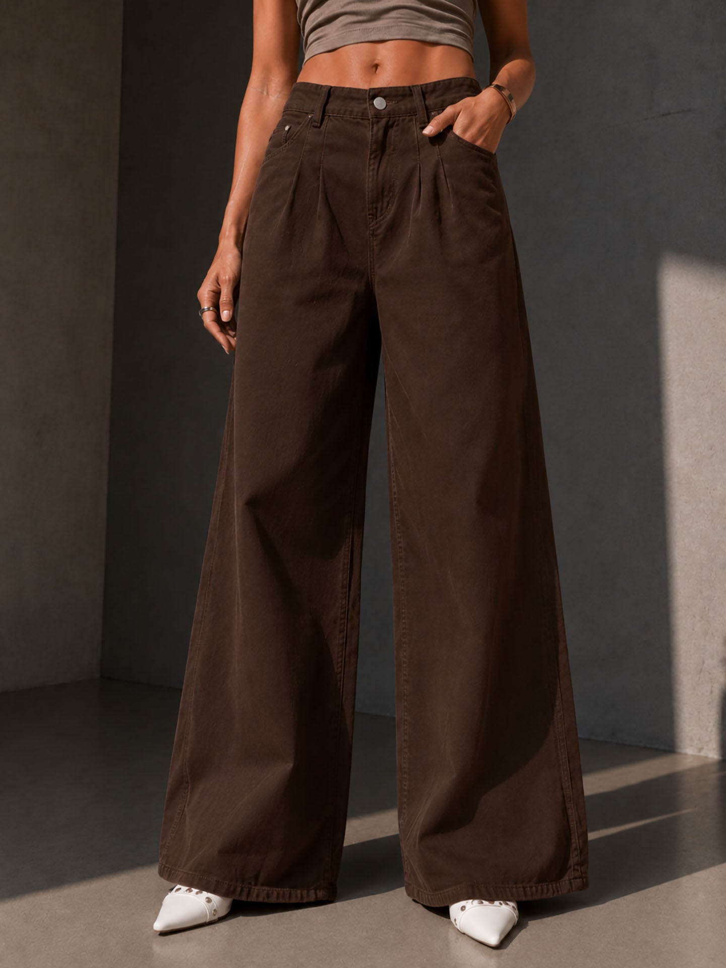 Brown Pleated Wide Leg Jeans