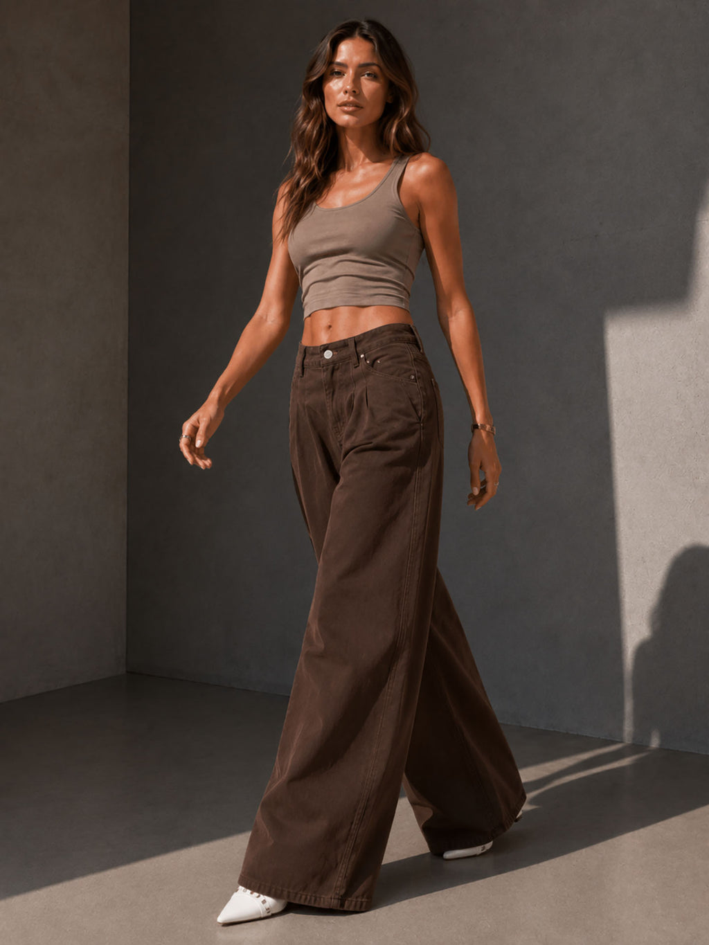 Brown Pleated Wide Leg Jeans