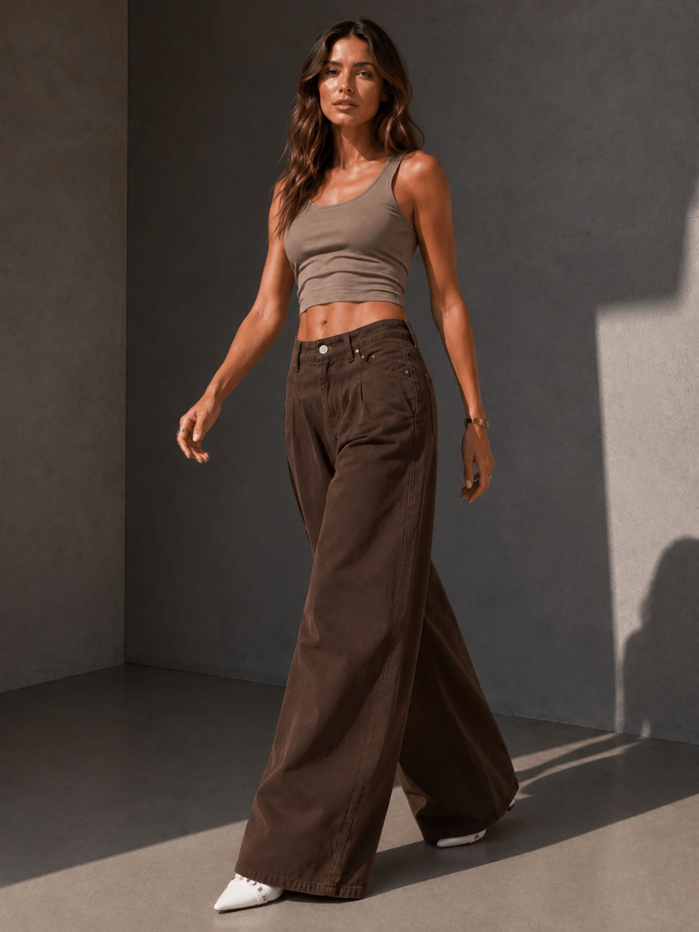 Brown Pleated Wide Leg Jeans