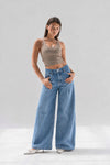 Light Blue High Rise Pleated Wide Leg Jeans