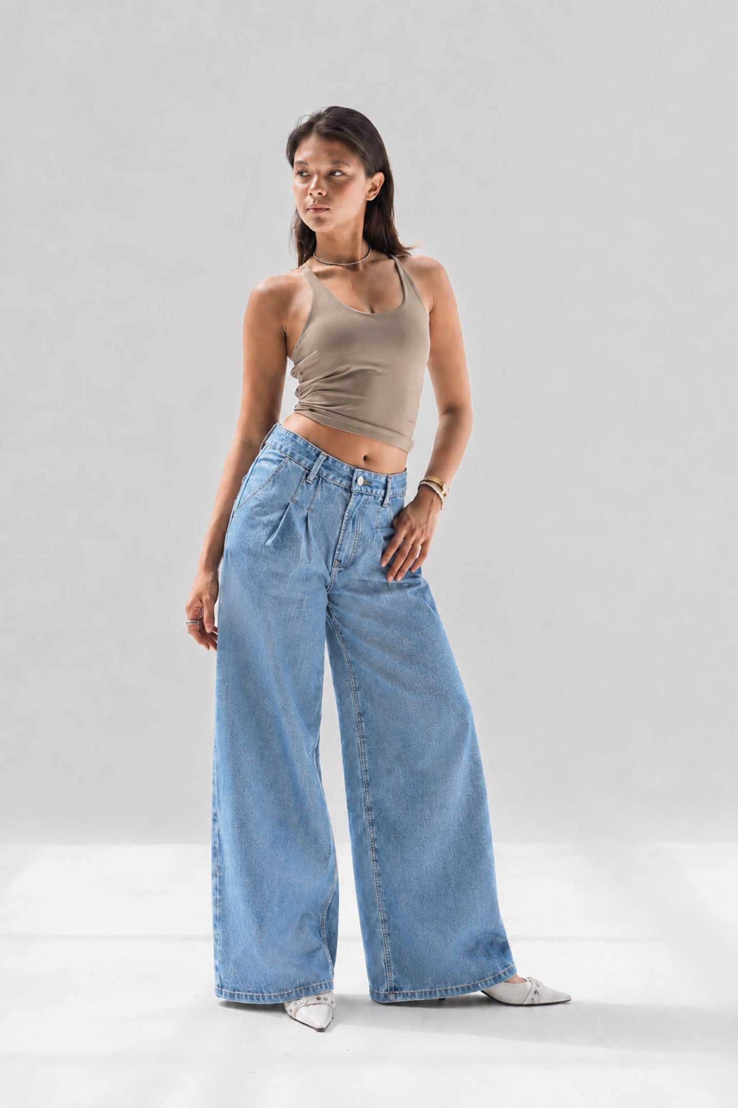 Light Blue High Rise Pleated Wide Leg Jeans