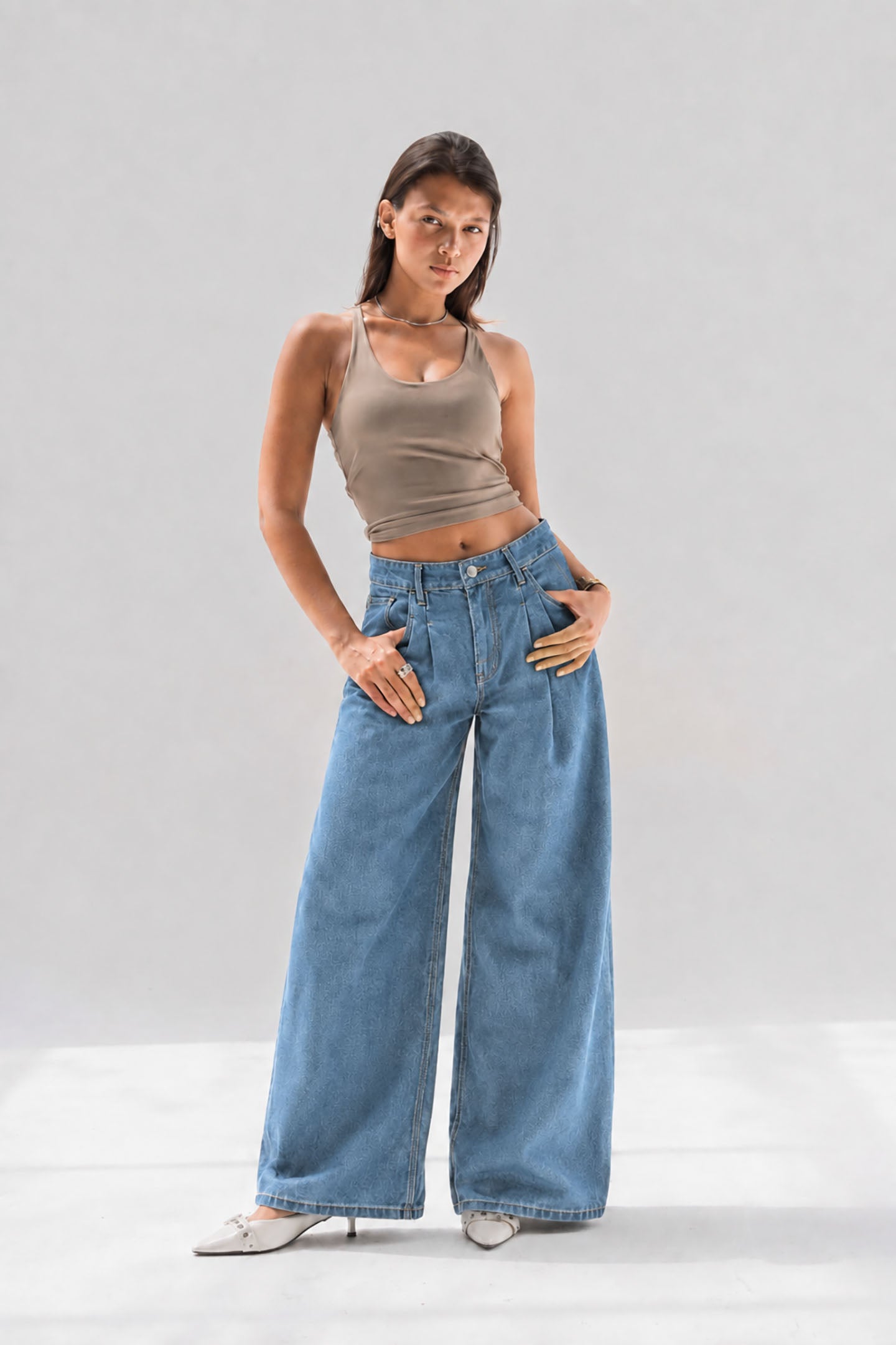 Light Blue High Rise Pleated Wide Leg Jeans
