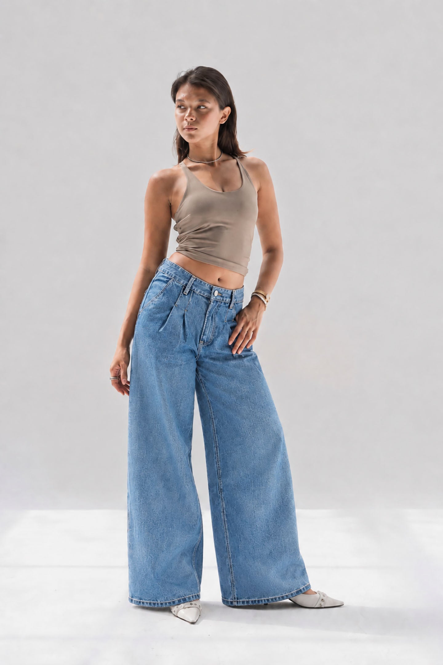 Light Blue High Rise Pleated Wide Leg Jeans