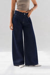 Navy High Rise Pleated Wide Leg Jeans