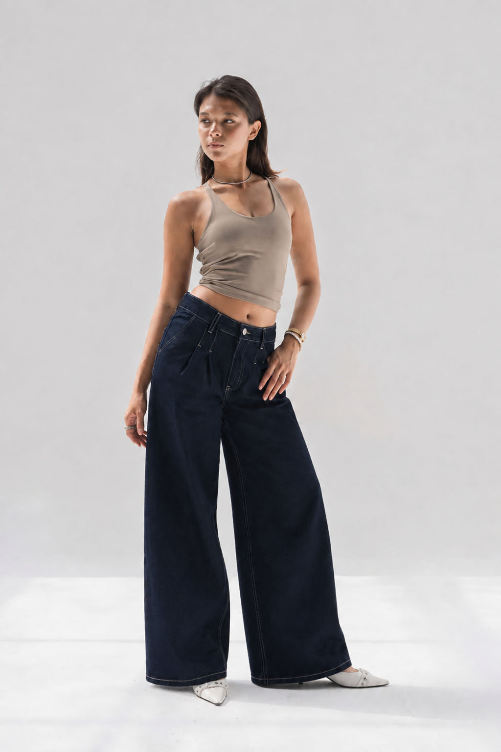 Navy High Rise Pleated Wide Leg Jeans