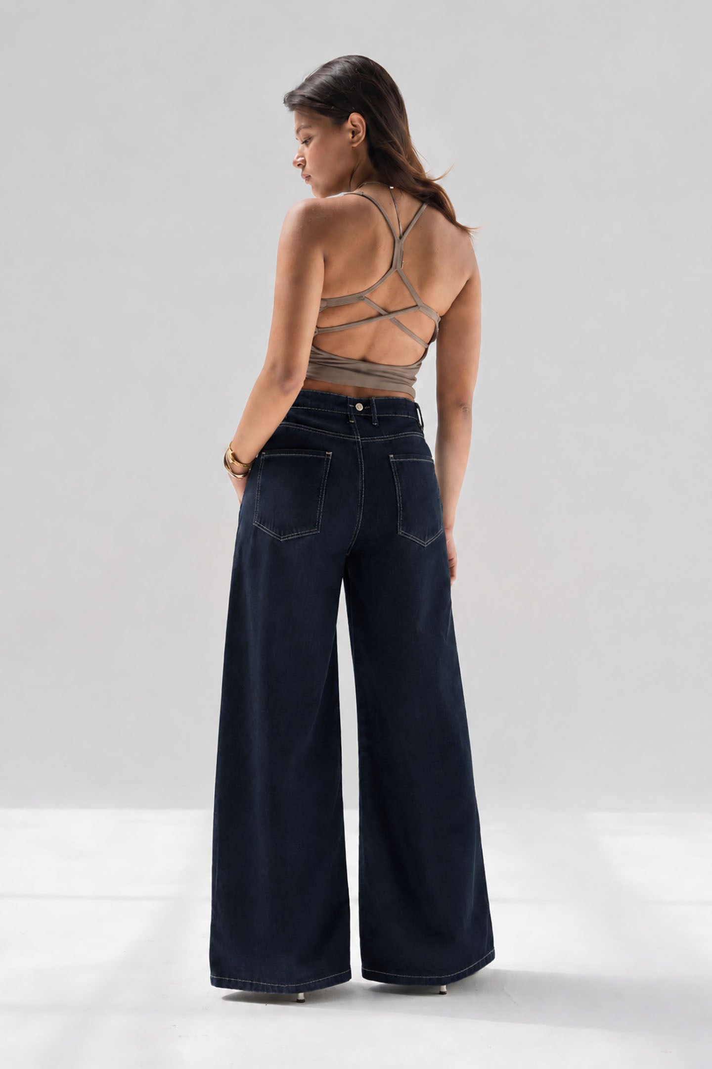 Navy High Rise Pleated Wide Leg Jeans