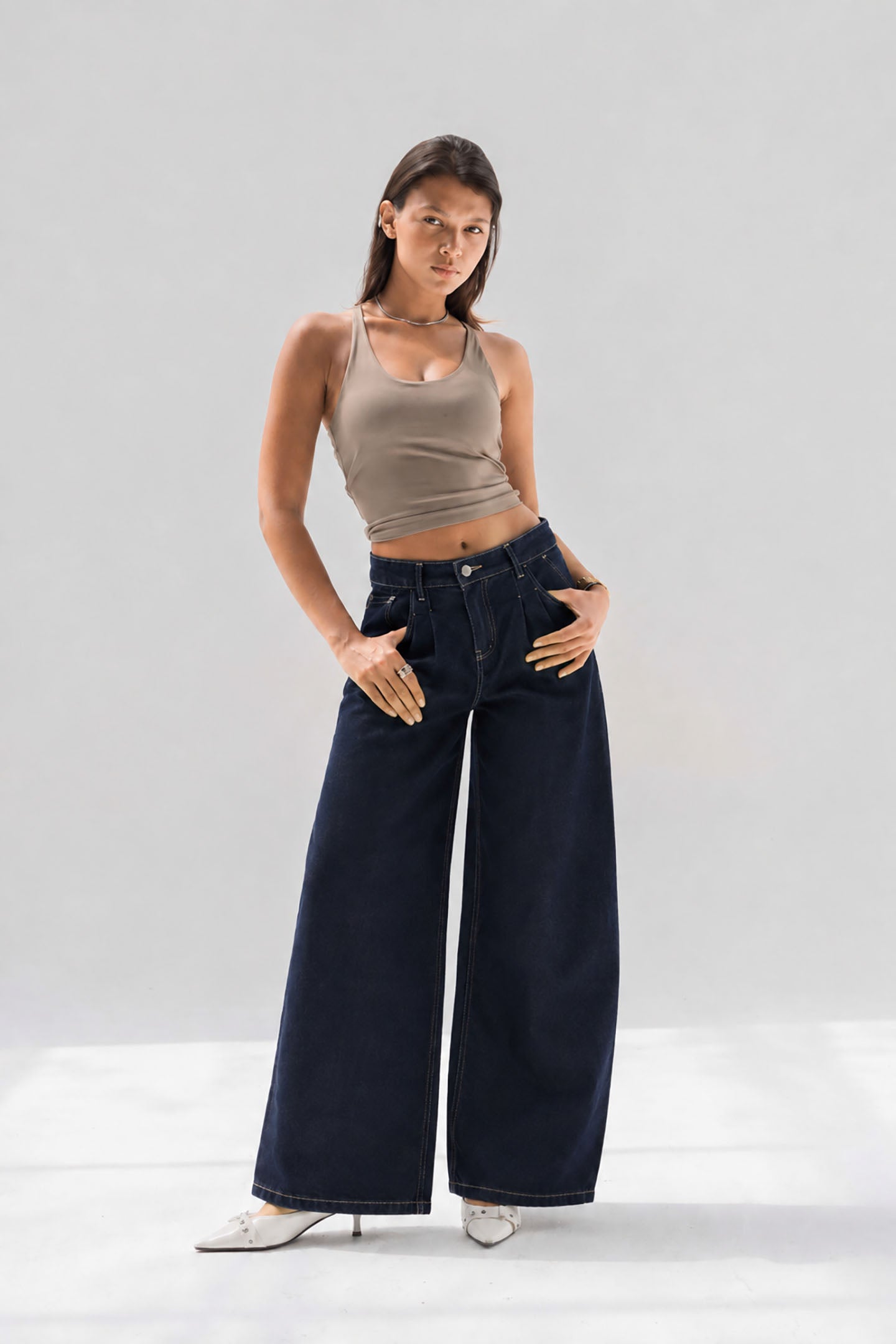 Navy High Rise Pleated Wide Leg Jeans
