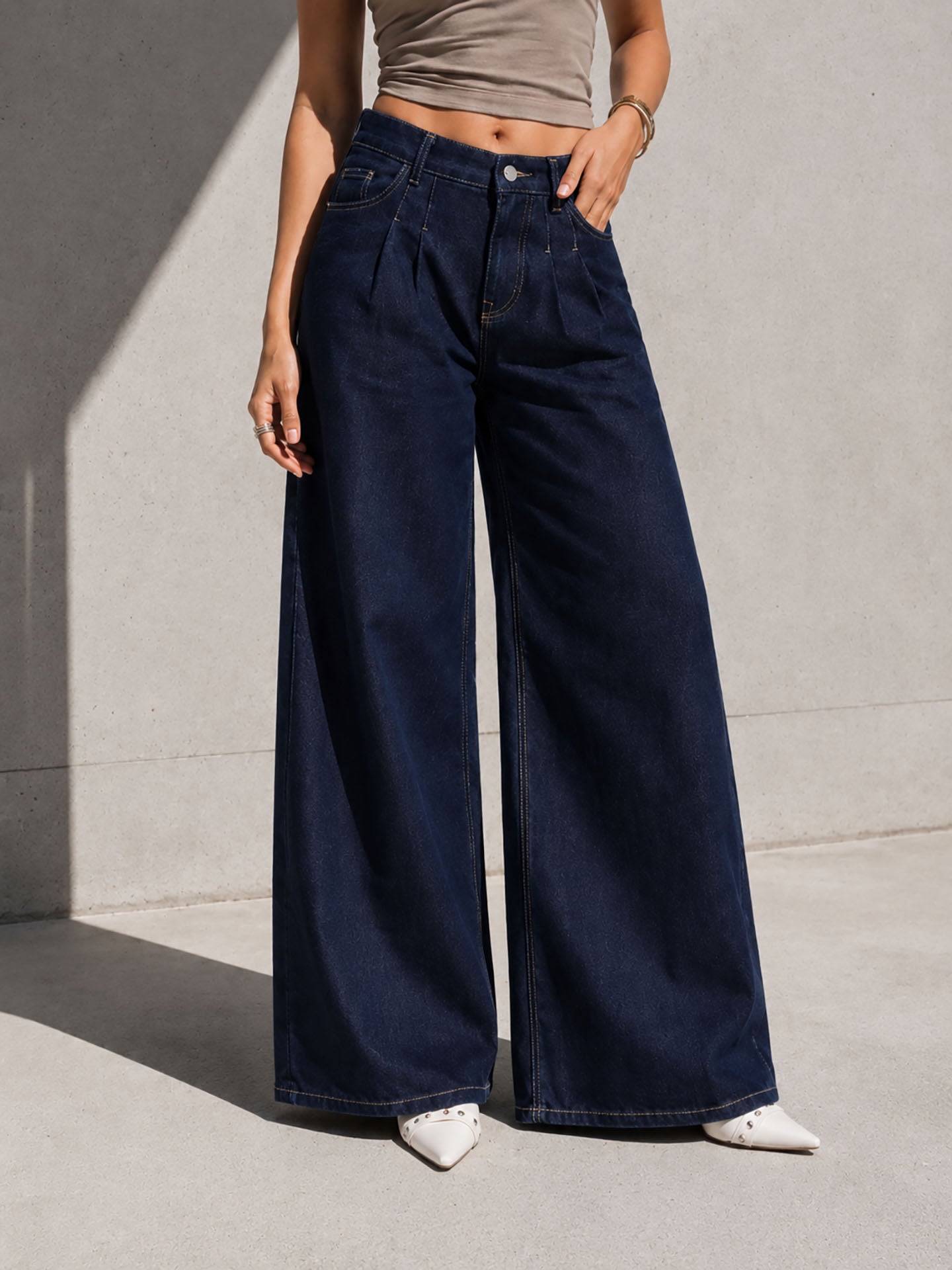 Navy High Rise Pleated Wide Leg Jeans