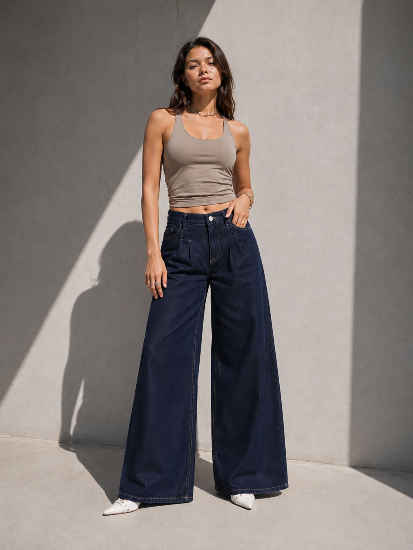 Navy High Rise Pleated Wide Leg Jeans