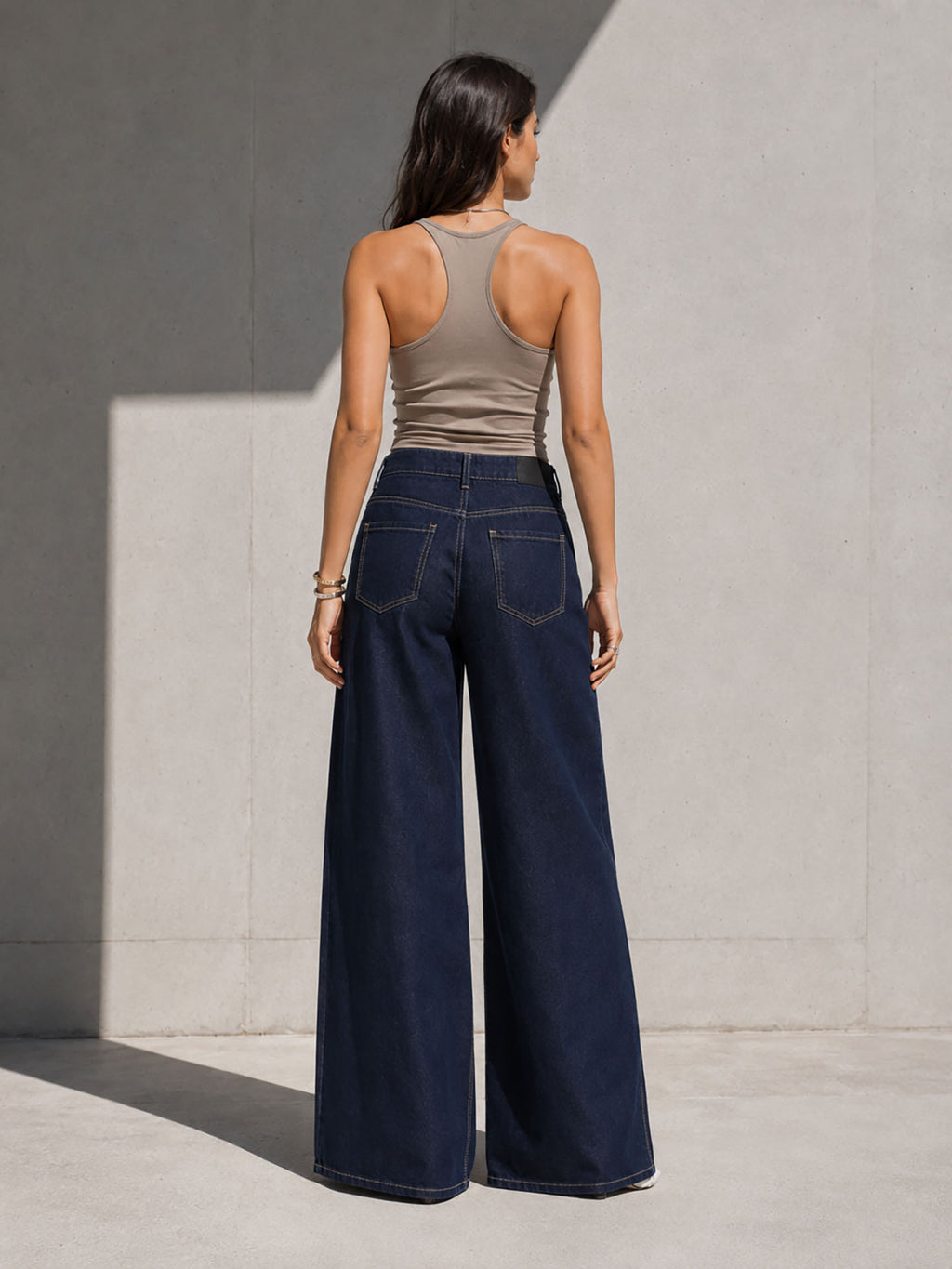 Navy High Rise Pleated Wide Leg Jeans