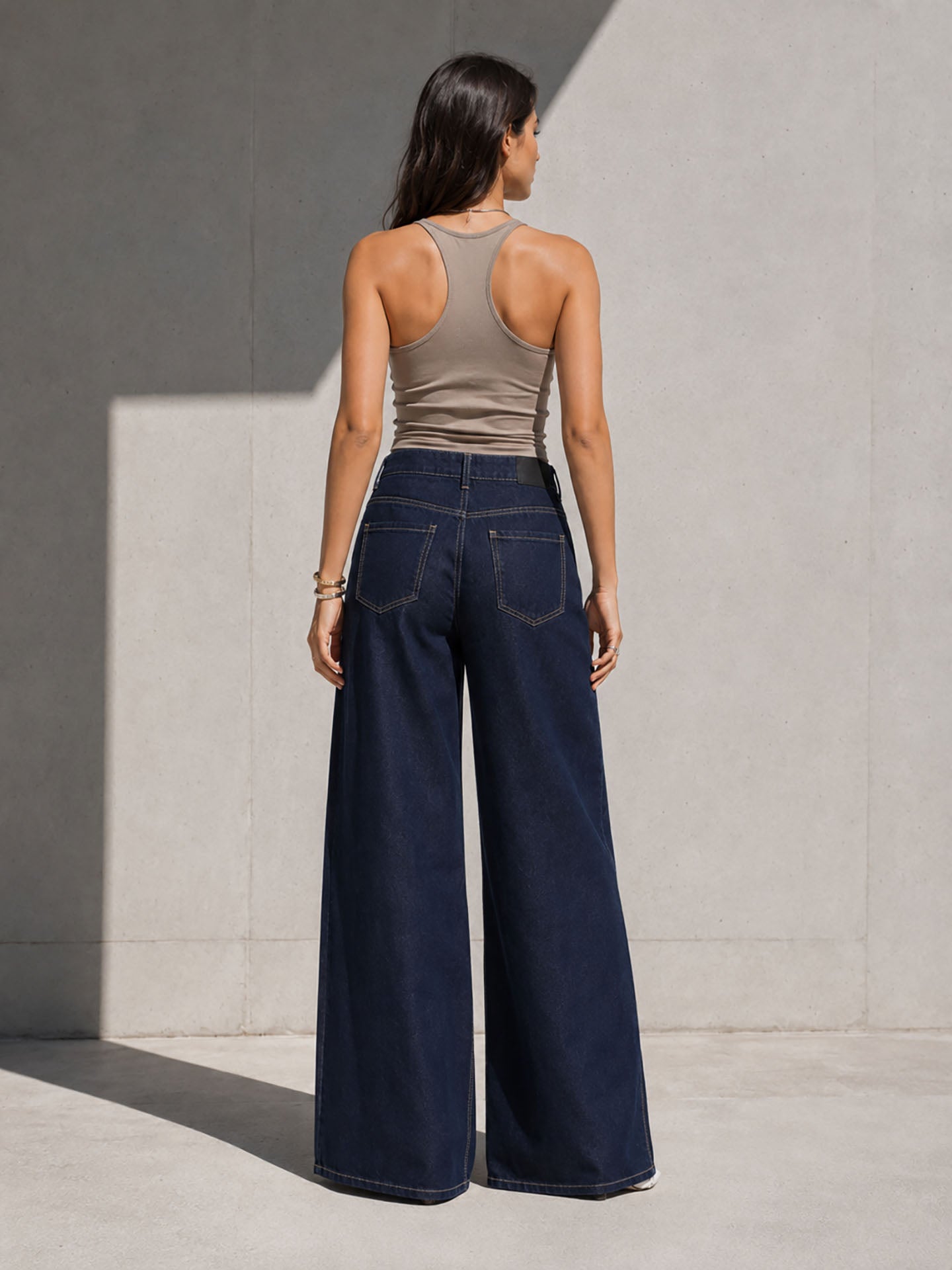 Navy High Rise Pleated Wide Leg Jeans