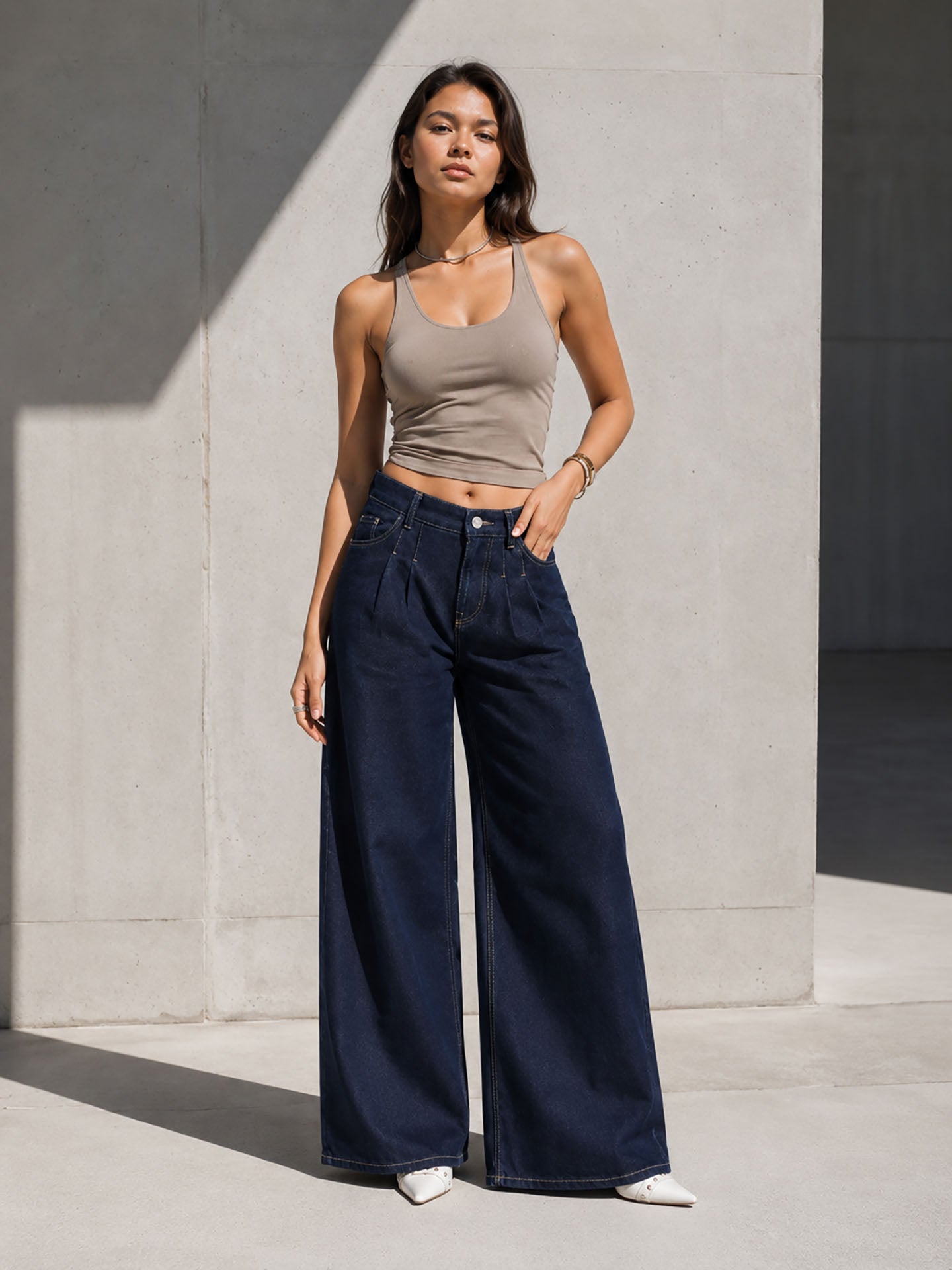 Navy High Rise Pleated Wide Leg Jeans