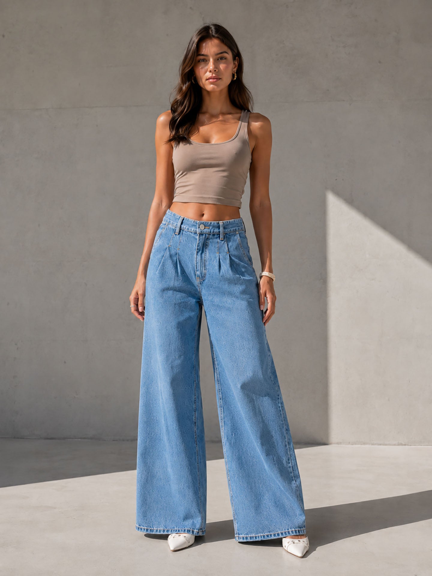 Light Blue High Rise Pleated Wide Leg Jeans
