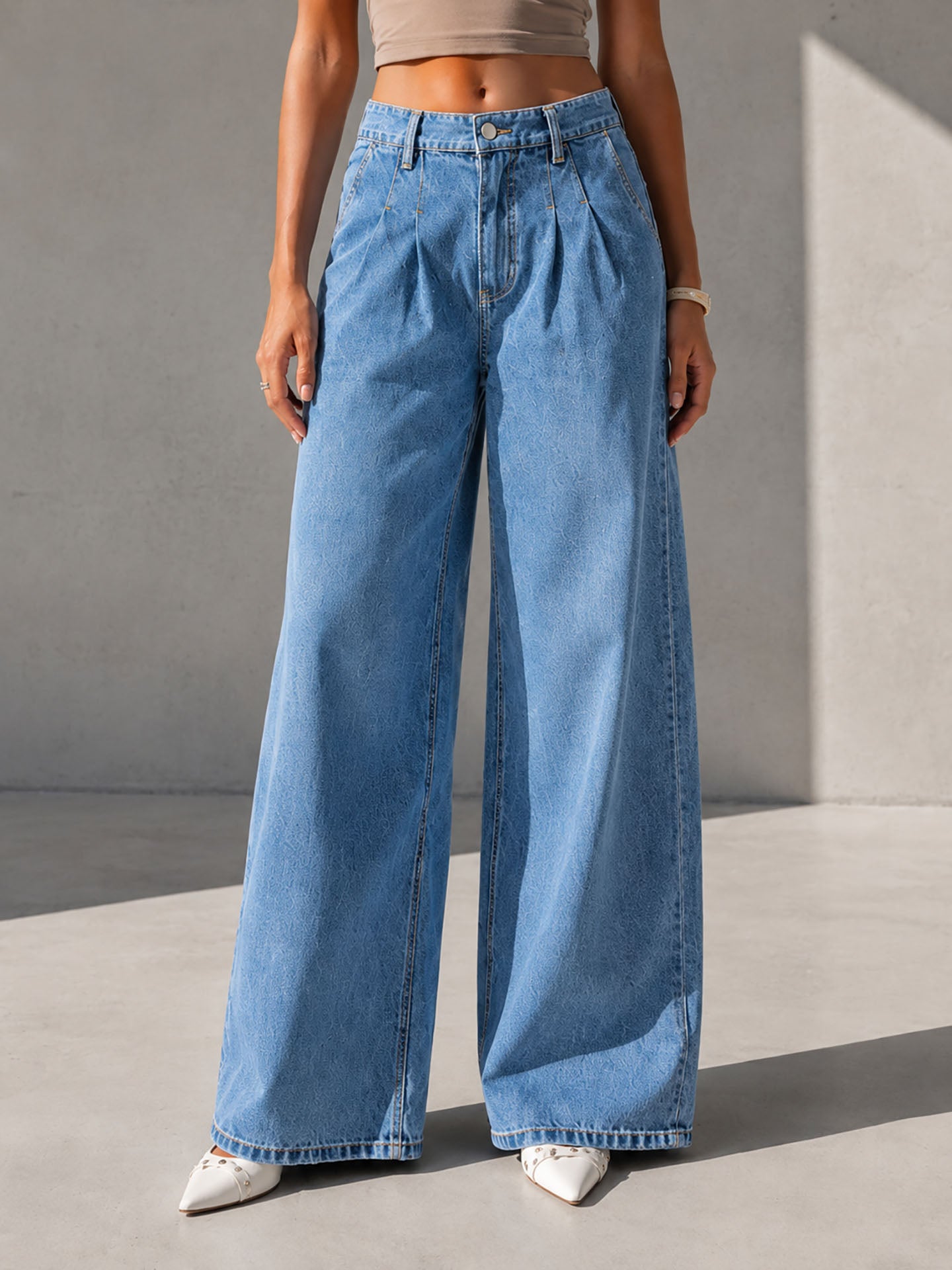 Light Blue High Rise Pleated Wide Leg Jeans