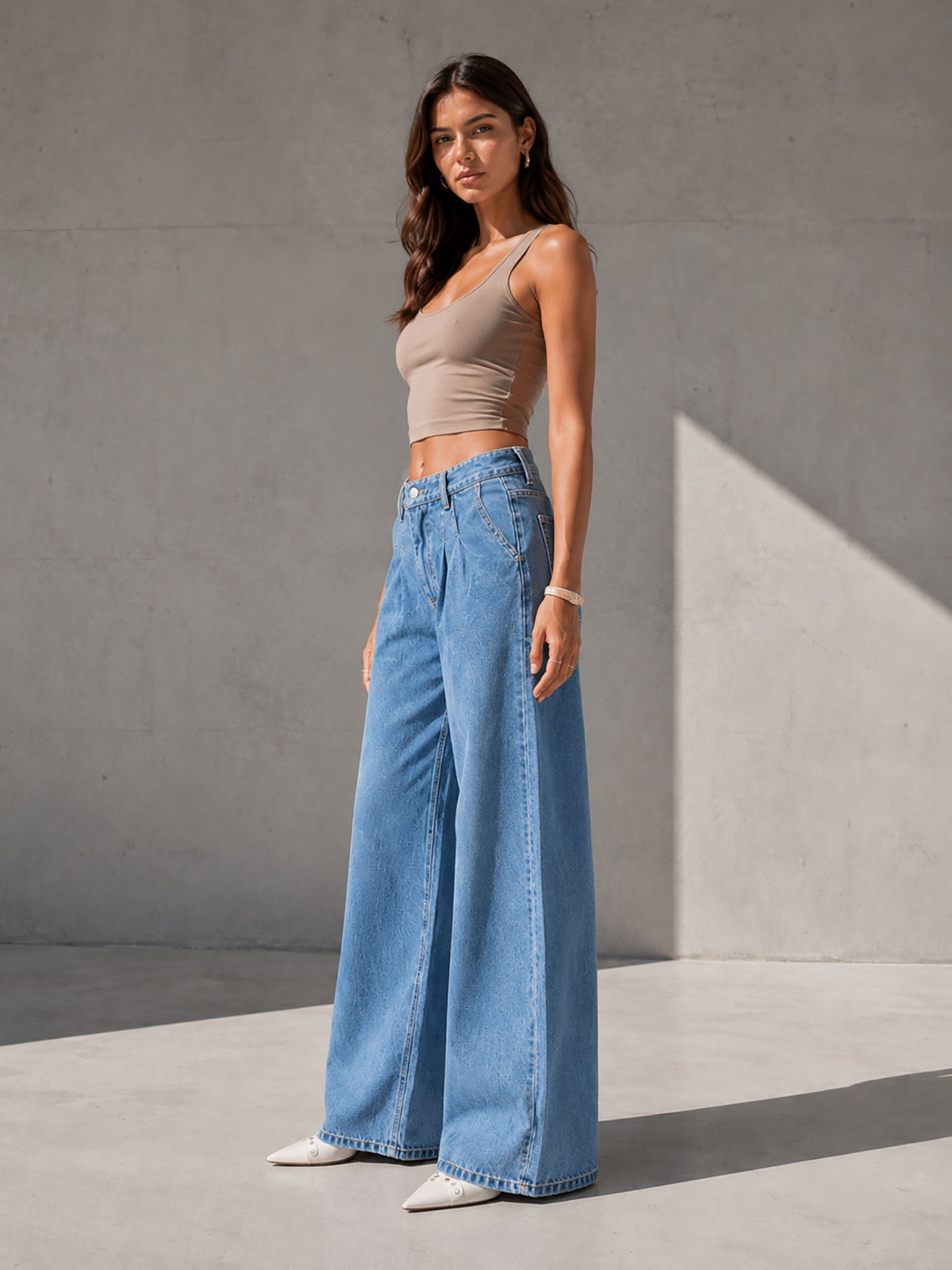 Light Blue High Rise Pleated Wide Leg Jeans