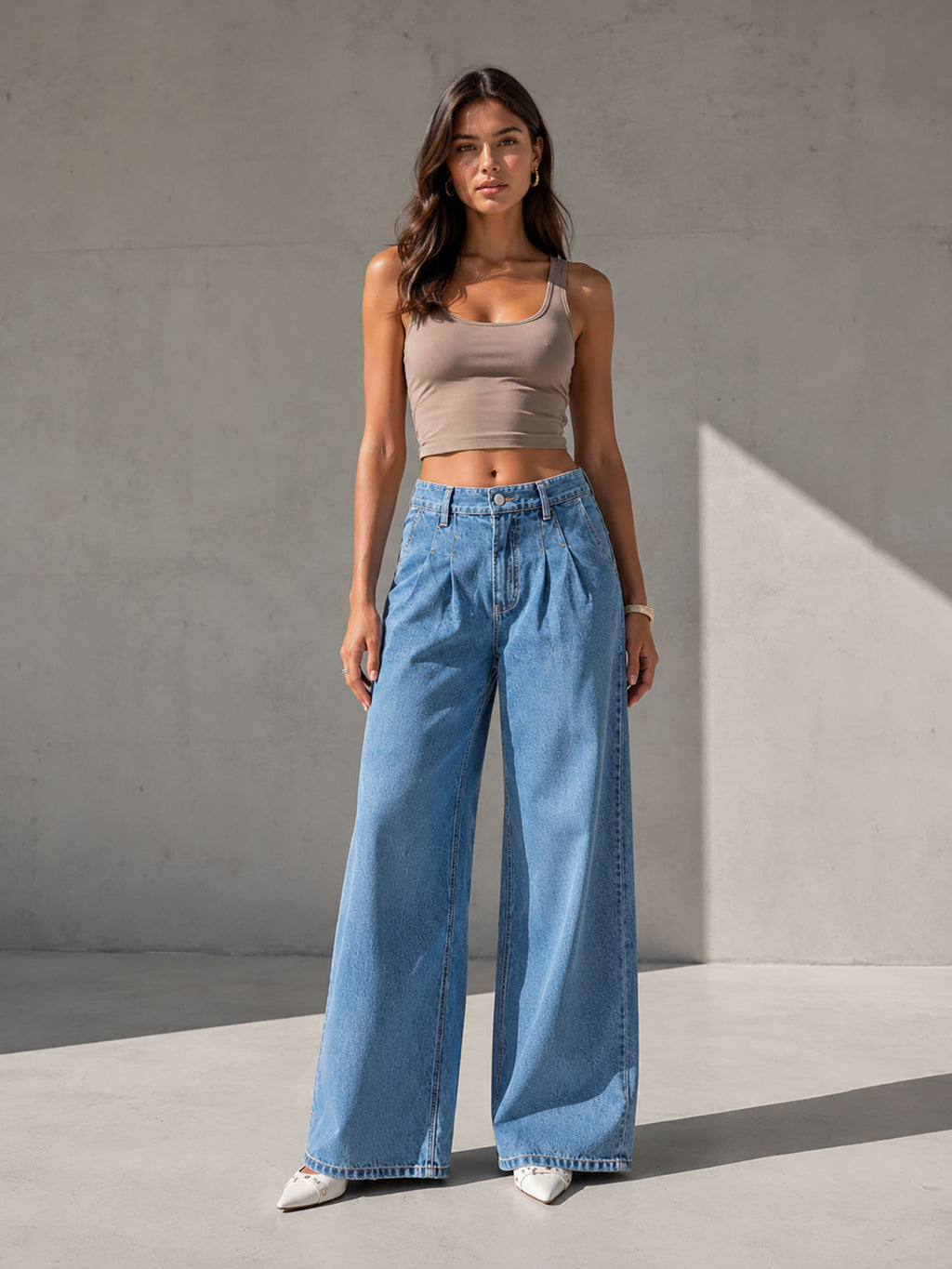 Light Blue High Rise Pleated Wide Leg Jeans