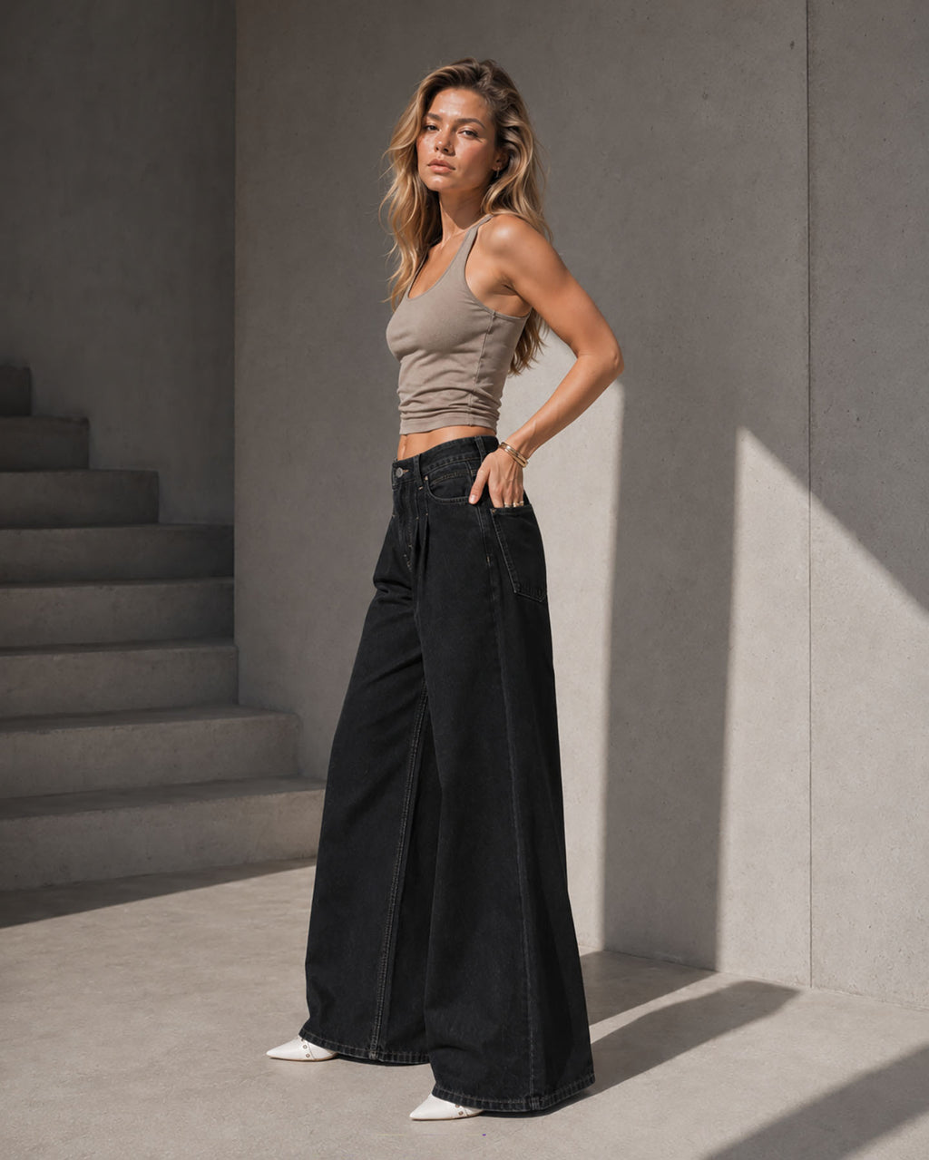 Black Pleated Wide Leg Jeans