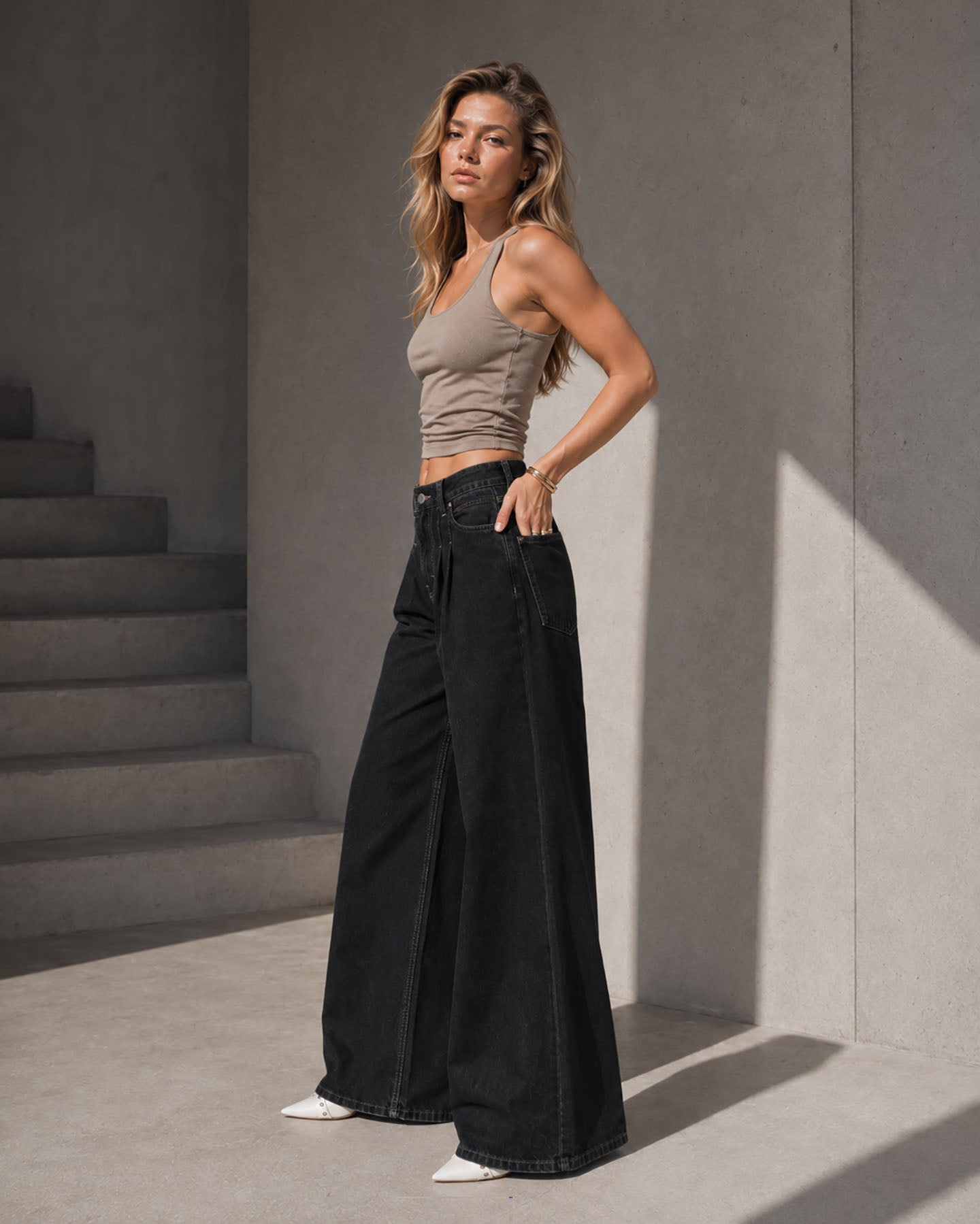 Black Pleated Wide Leg Jeans