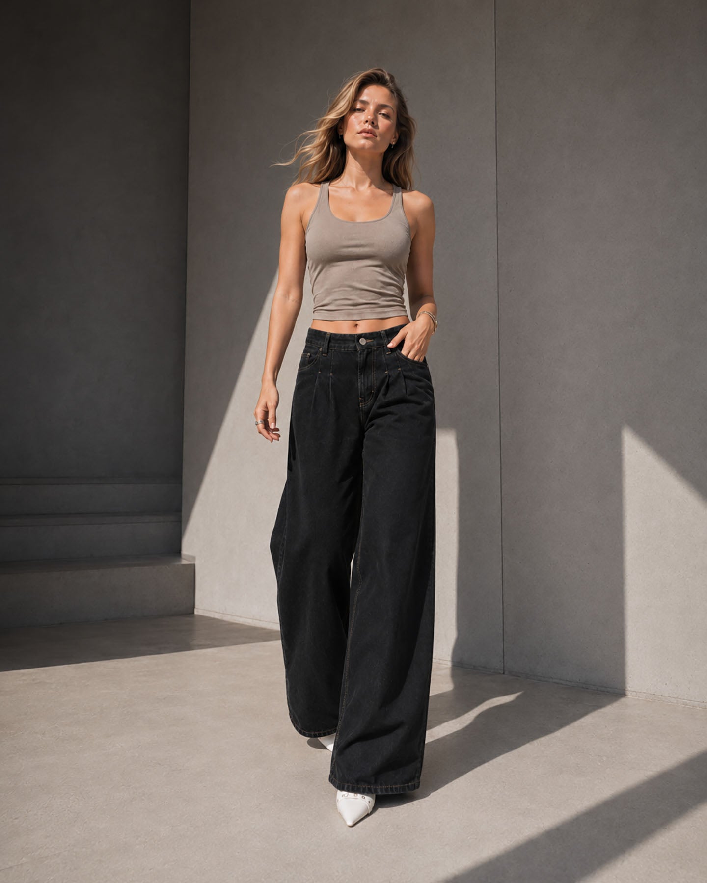Black Pleated Wide Leg Jeans