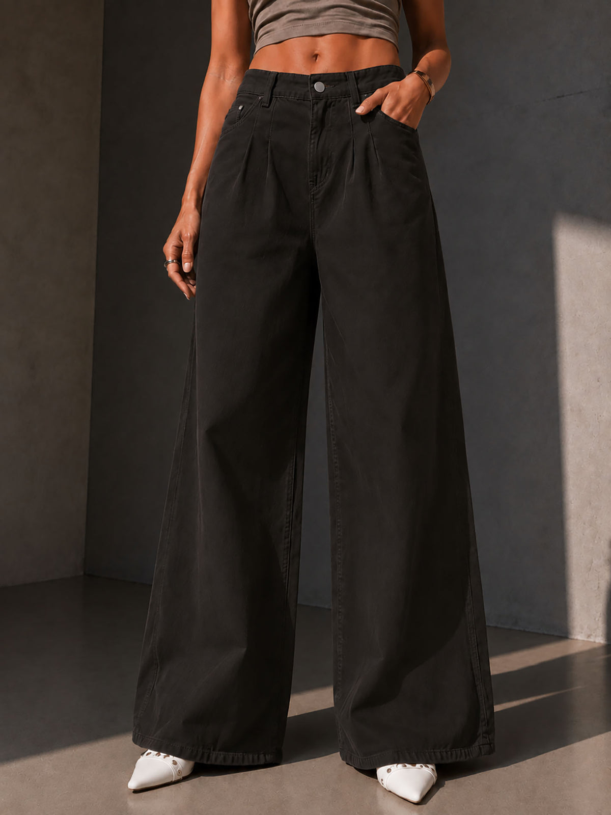 Brown Pleated Wide Leg Jeans