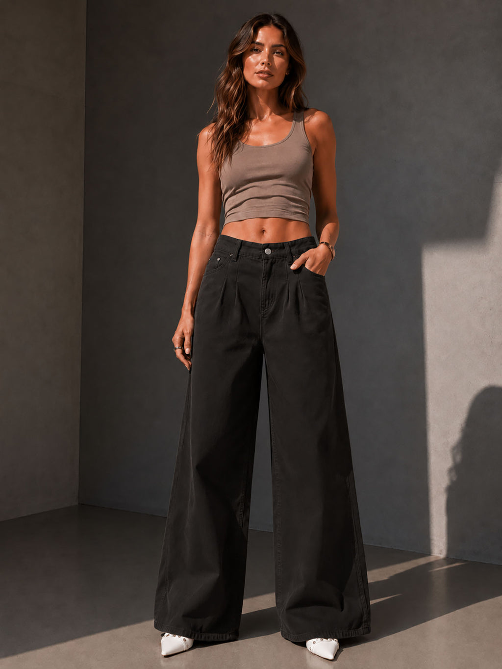 Brown Pleated Wide Leg Jeans