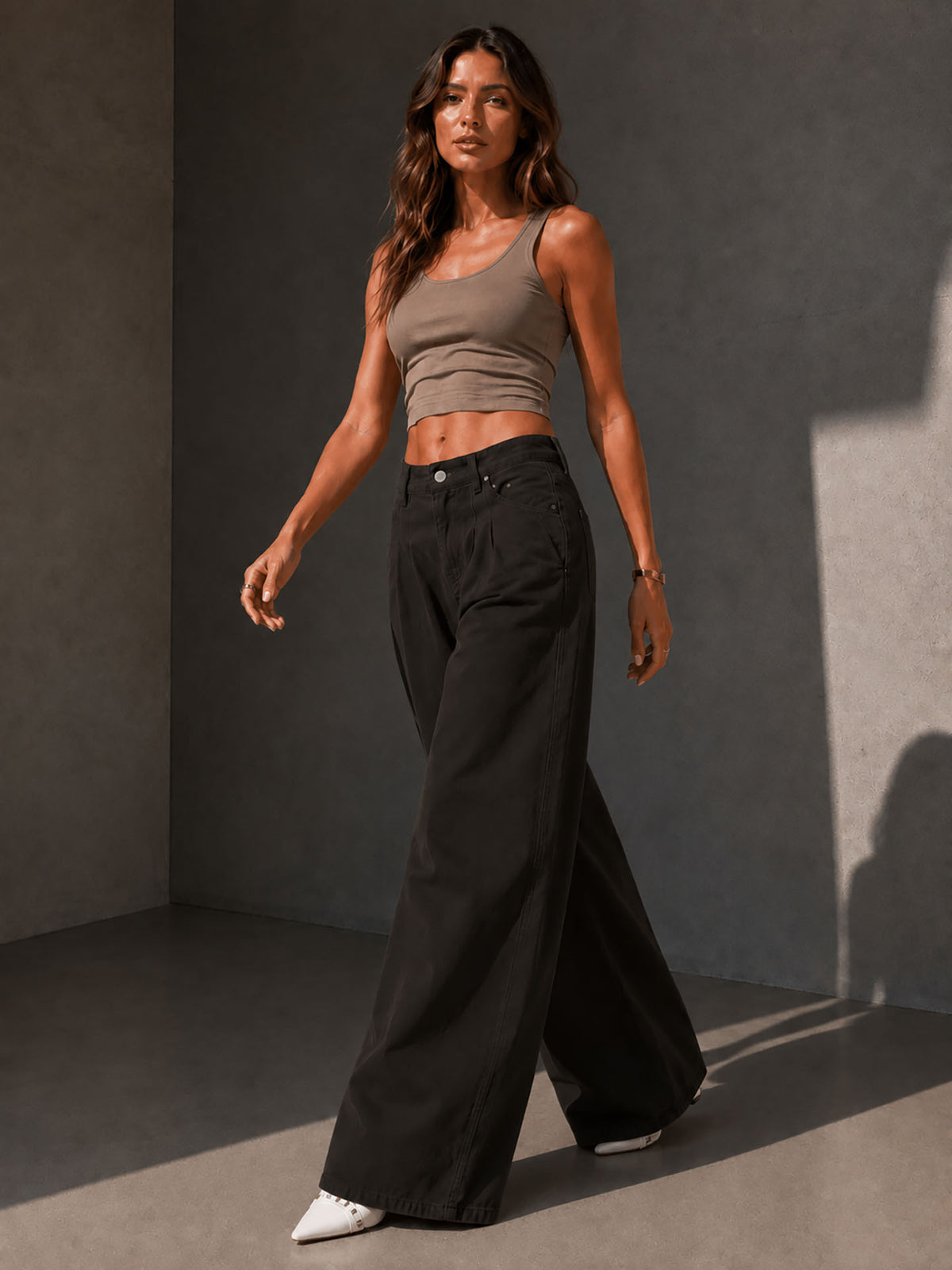 Brown Pleated Wide Leg Jeans