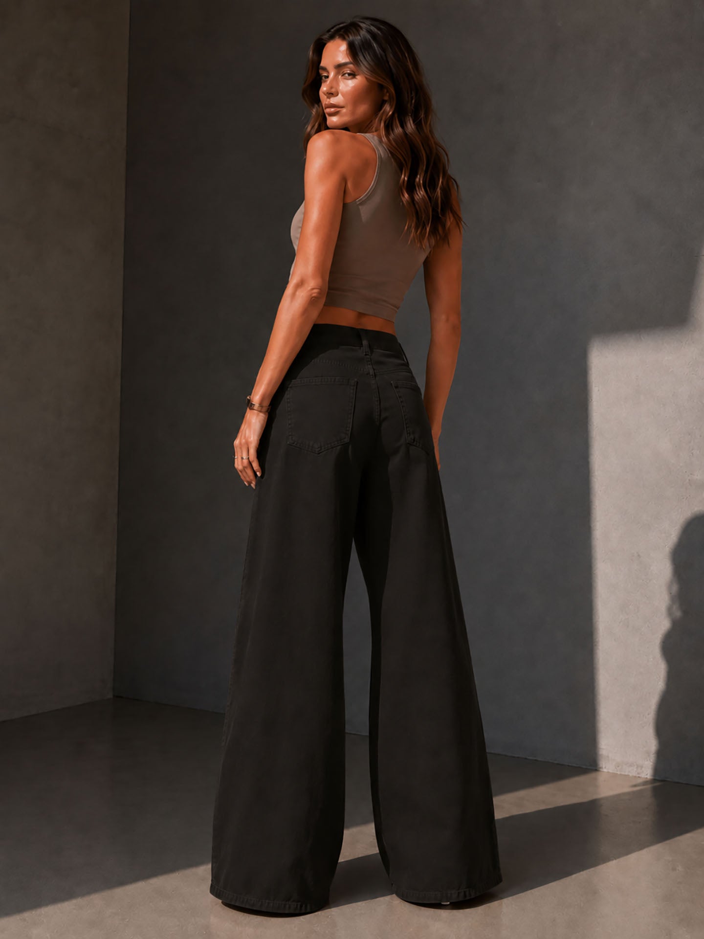 Brown Pleated Wide Leg Jeans
