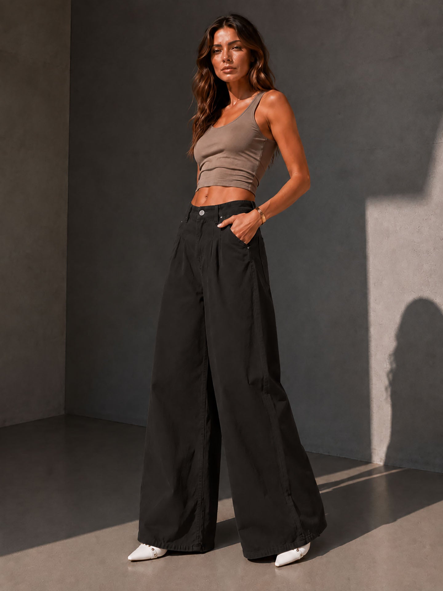 Brown Pleated Wide Leg Jeans