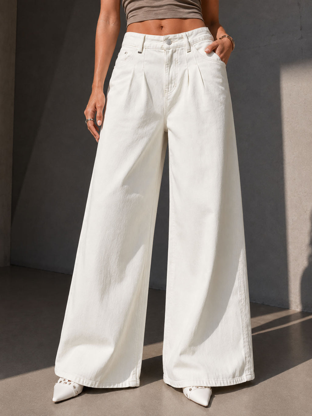 Off White Pleated Wide Leg Jeans