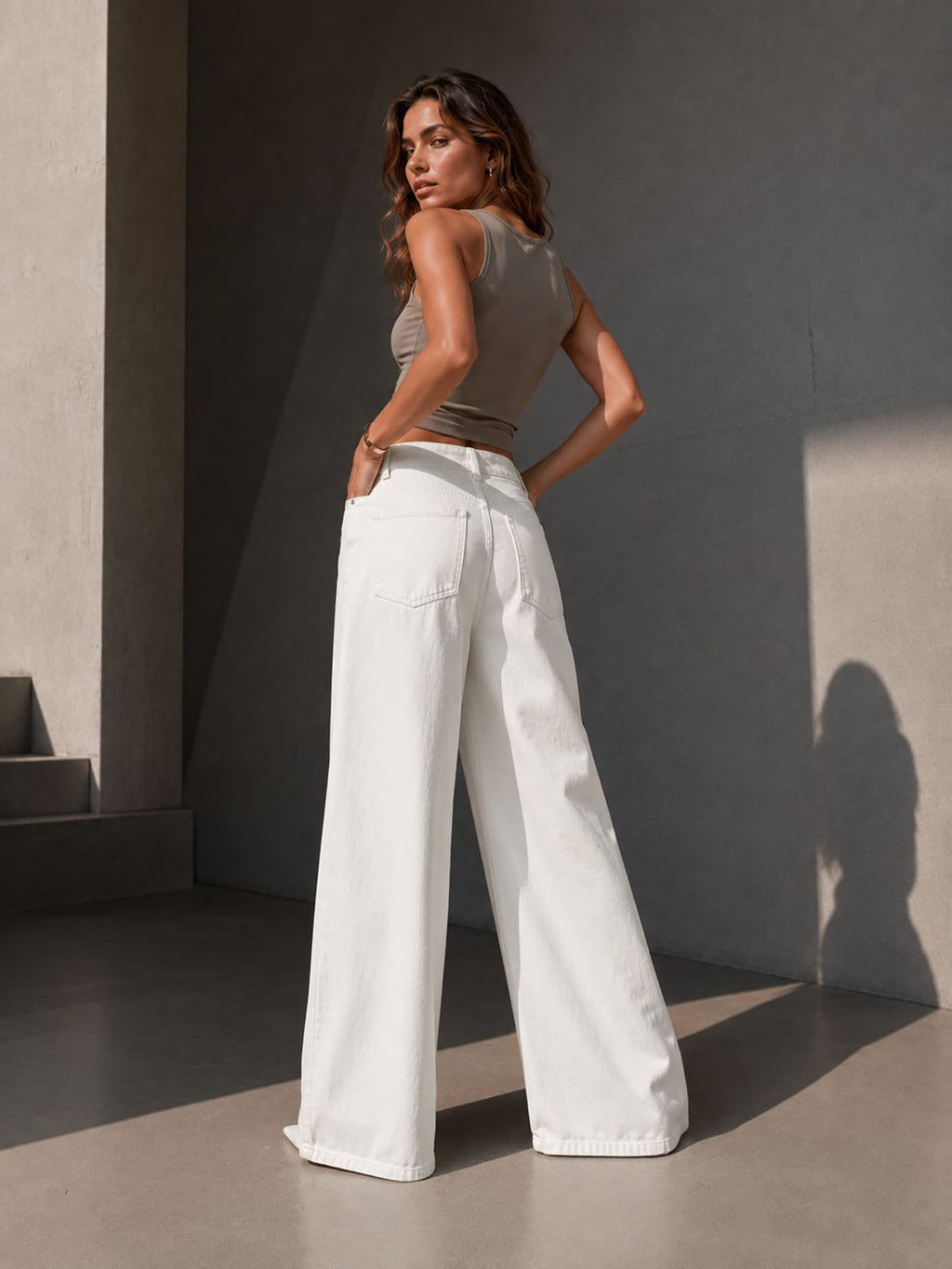 Off White Pleated Wide Leg Jeans